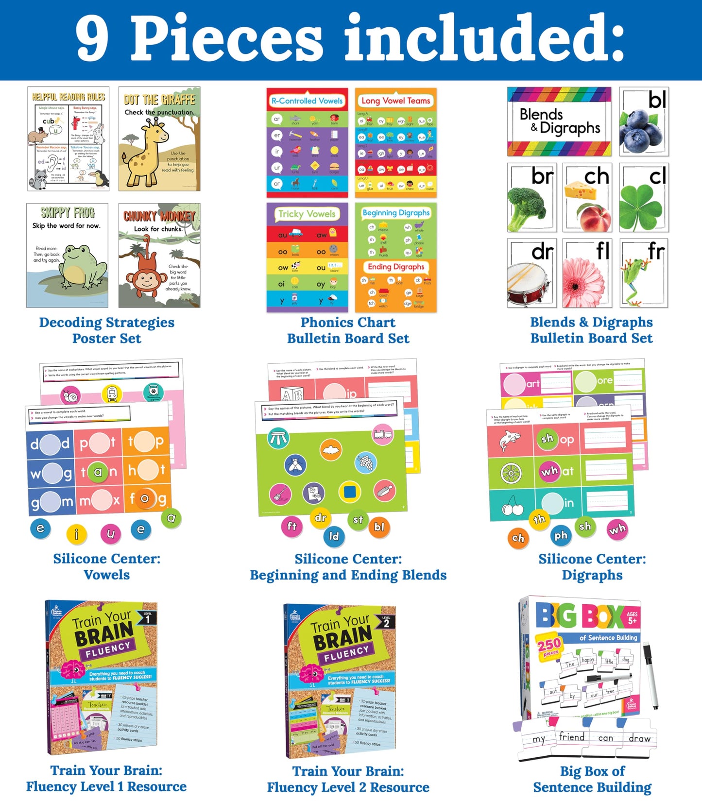 Carson Dellosa 531pc K-2 Literacy Bundle, Kindergarten, 1st Grade, 2nd Grade Phonics Posters, Bulletin Board Sets, Instructional Resources, Dry-Erase Manipulatives, Big Box of Sentence Building Game