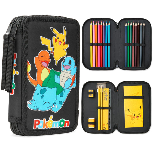 Pokemon Pencil Case for Boys Girls Pikachu Stationery Set with Colored Pencils Sharpener Ruler Eraser Notepad School Supplies Anime Gifts for Kids (Black/Multi)
