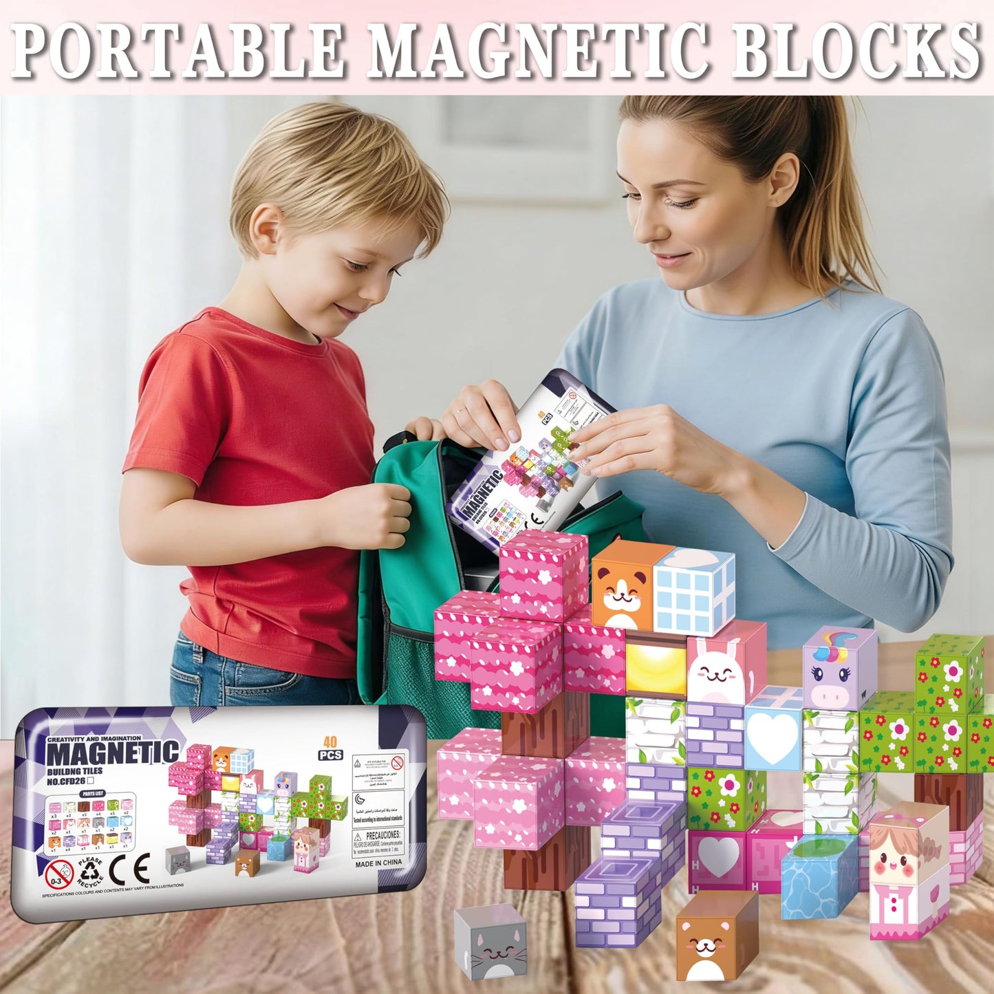 Varaict Magnetic Building Blocks - 40 PCS Animal Cubes Set with Cats Bears Unicorns & Storage Case, STEM Educational Toys for Kids Ages 3-8