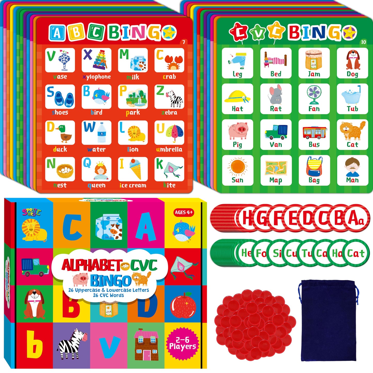 SpriteGru Alphabet & CVC Bingo Game, 12 Bingo Board ABC Letters, CVC Words Phonetic Game, Letters Phonetic Awareness Early Educational Learning Toys - Ages 4 and up, Perfect for Classroom & At Home
