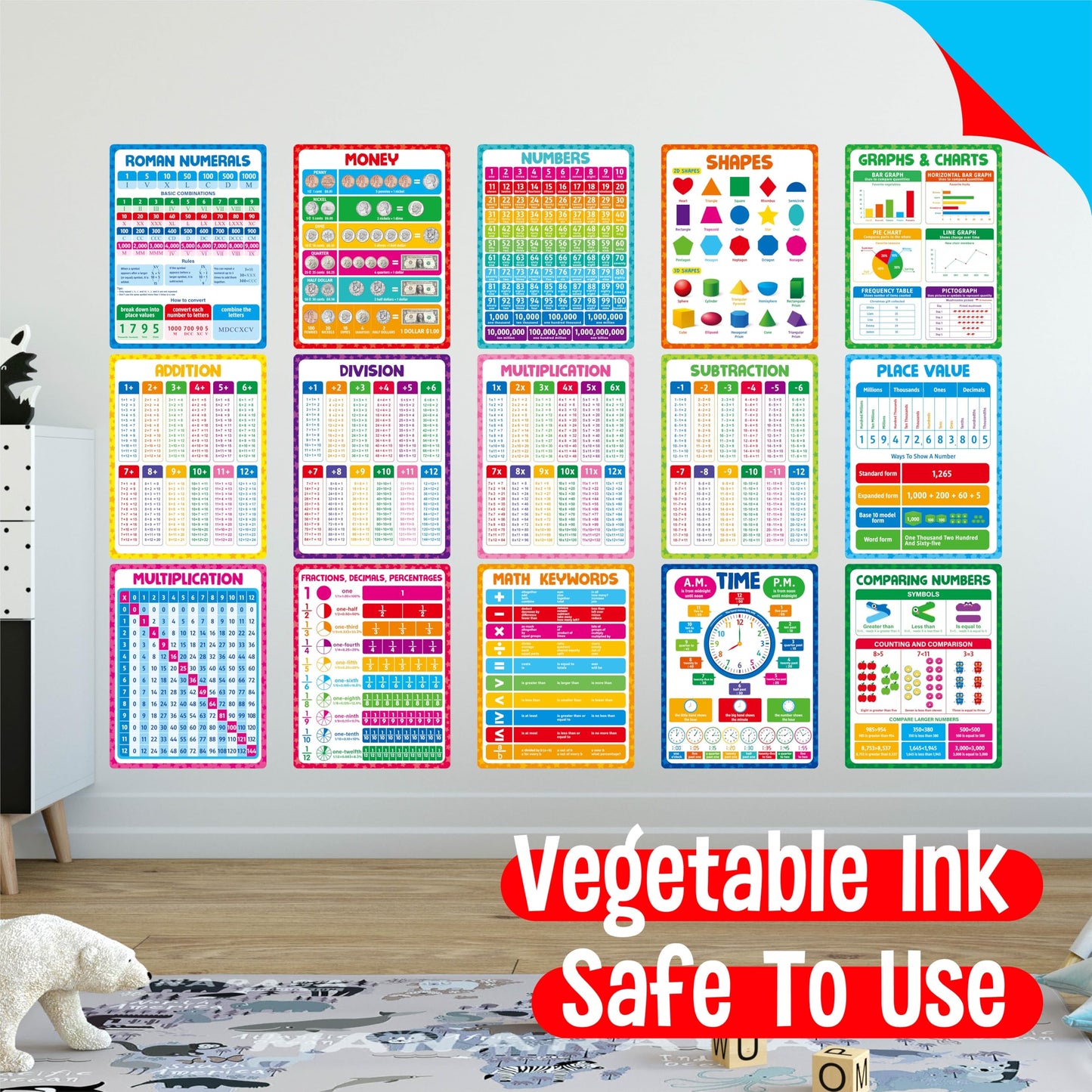 15 Packs Math Posters, Thick Elementary Math Chart Waterproof & Tear Proof with PET Film, Early Learning Poster Multiplication Table Educational Posters for Kindergarten Preschool Toddlers (14.5”x11”)