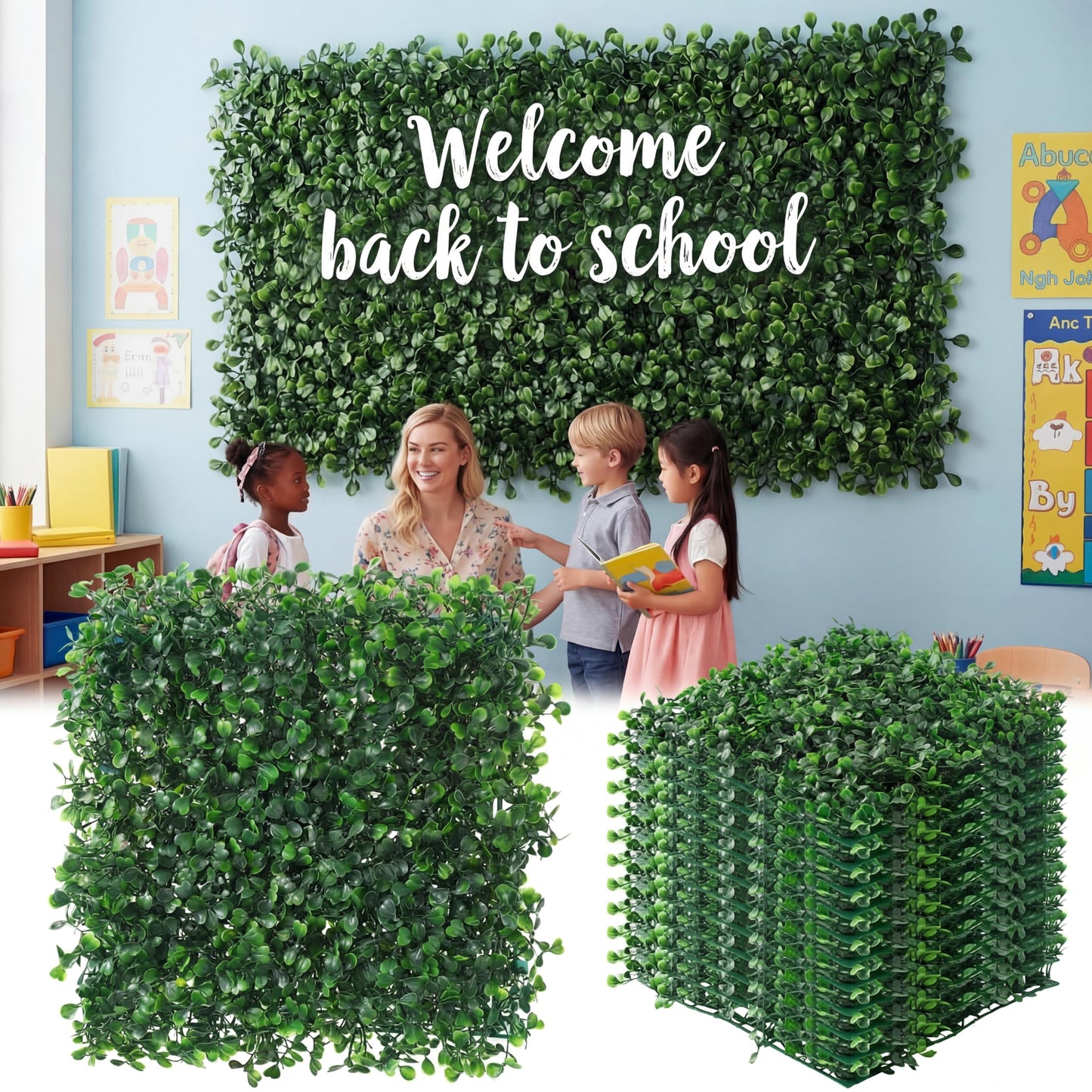 Vivasself 12pcs Artificial Grass Wall Panels for Classroom 10'' x 10'' Boxwood Green Panels Grass Wall Backdrop Faux Garden Greenery Patch UV Protected Back to School Blackboard Decor Indoor Outdoor