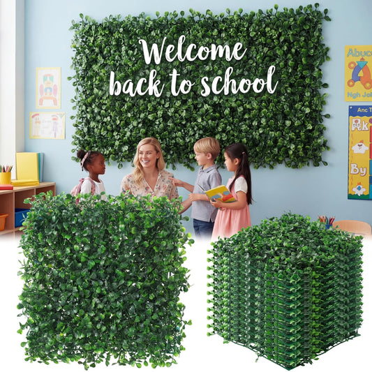 Vivasself 12pcs Artificial Grass Wall Panels for Classroom 10'' x 10'' Boxwood Green Panels Grass Wall Backdrop Faux Garden Greenery Patch UV Protected Back to School Blackboard Decor Indoor Outdoor