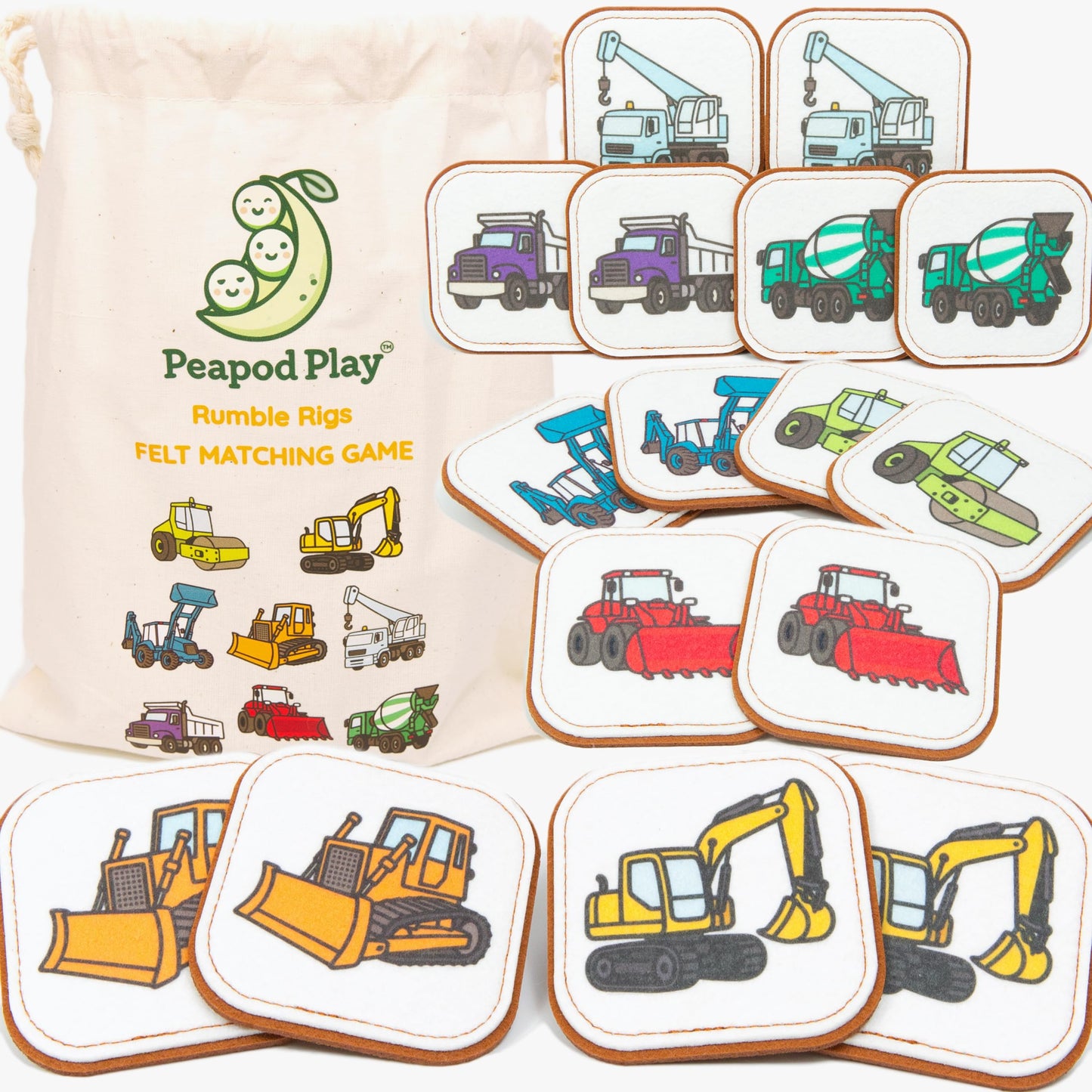 Felt Construction Matching Game for Toddlers – Truck Memory Game & Flash Cards – Soft and Safe for Ages 1+ – Montessori Preschool Learning Activity – Educational Construction Toy for Boys & Girls