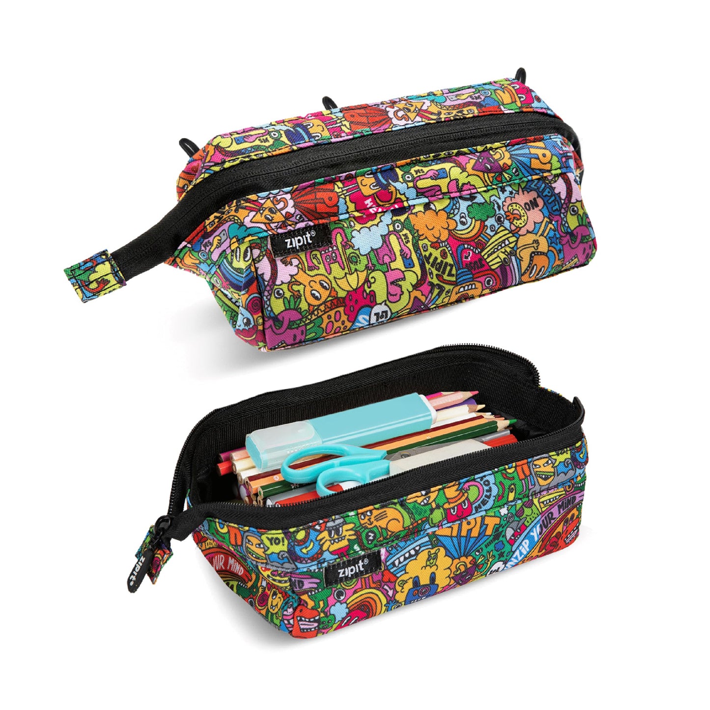 ZIPIT: Lenny Pencil Case - Doodles - Large Storage Capacity Zipper Pouch, Makeup-Stationery Bag, School-Travel, Washable Polyester, Kids-Teens-Adults