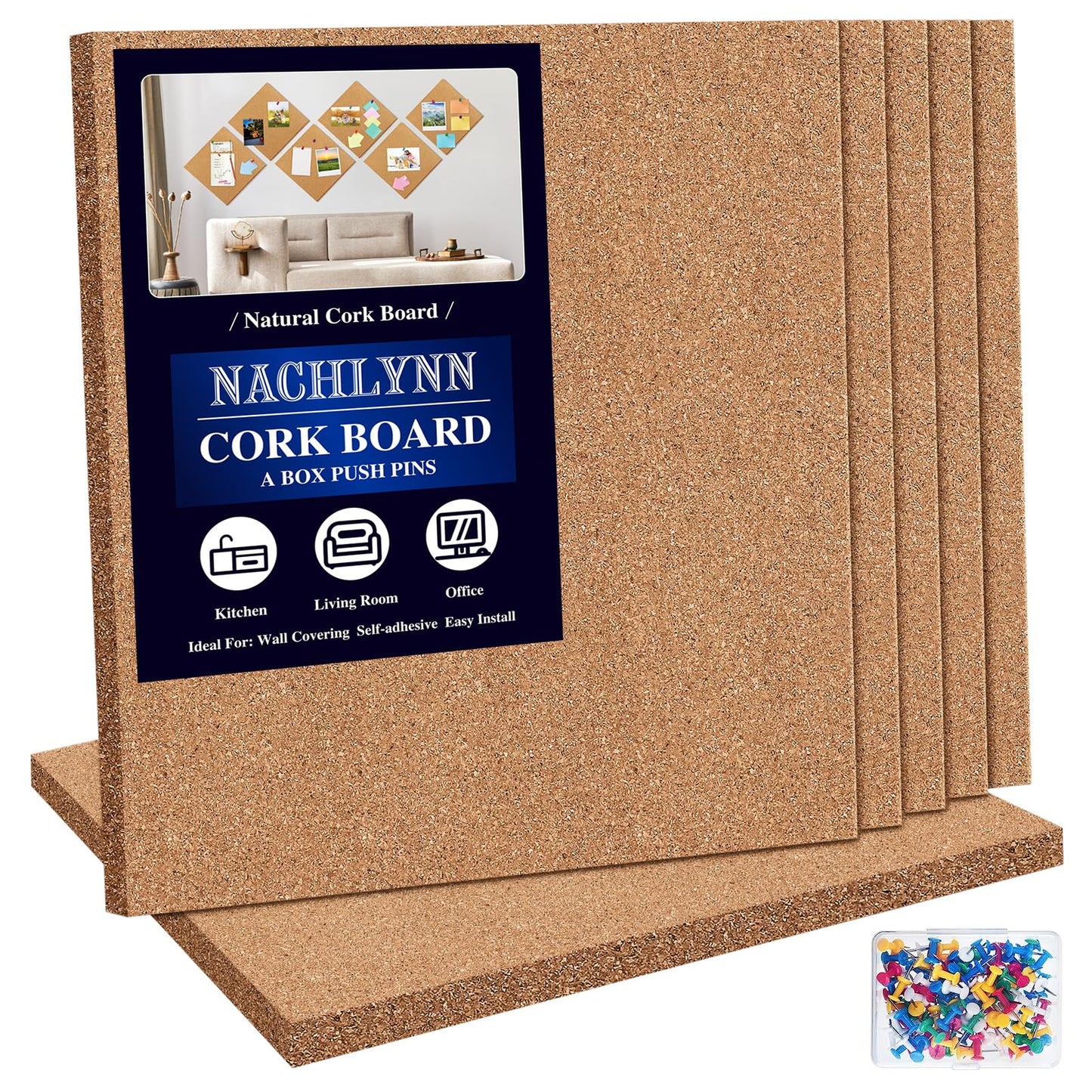 NACHLYNN Cork Board 6 Pack 12 x 12 Self-Adhesive Corkboards for Wall Square Bulletin Board with 100 Push Pins Frameless Cork Tiles for Walls Home Office