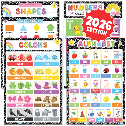 BEAWART ABC Alphabet Posters (Set 4-16'x24'), Color Shape Number Chart for Classroom Decor, Educational Posters, Learning Chart, Homeschool Supplies, Double Laminated - Composition Book Theme
