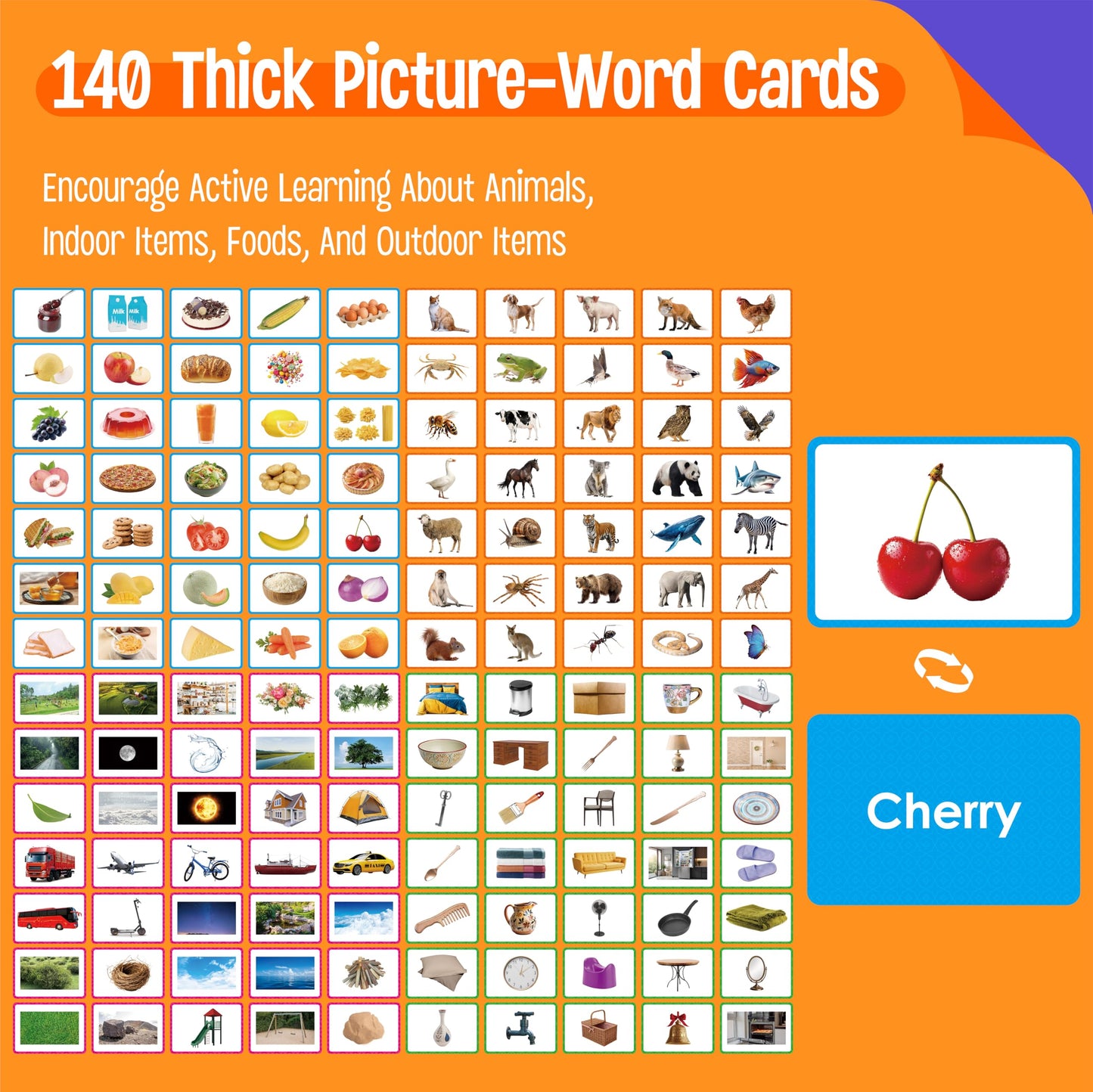 140 Noun Picture-Word Cards, Picture Flashcards Language Builder Visual Aid Speech Development Tool for Autism, ESL Teaching Materials for Adults, Non-Verbal Children Vocabulary Builder for Toddlers