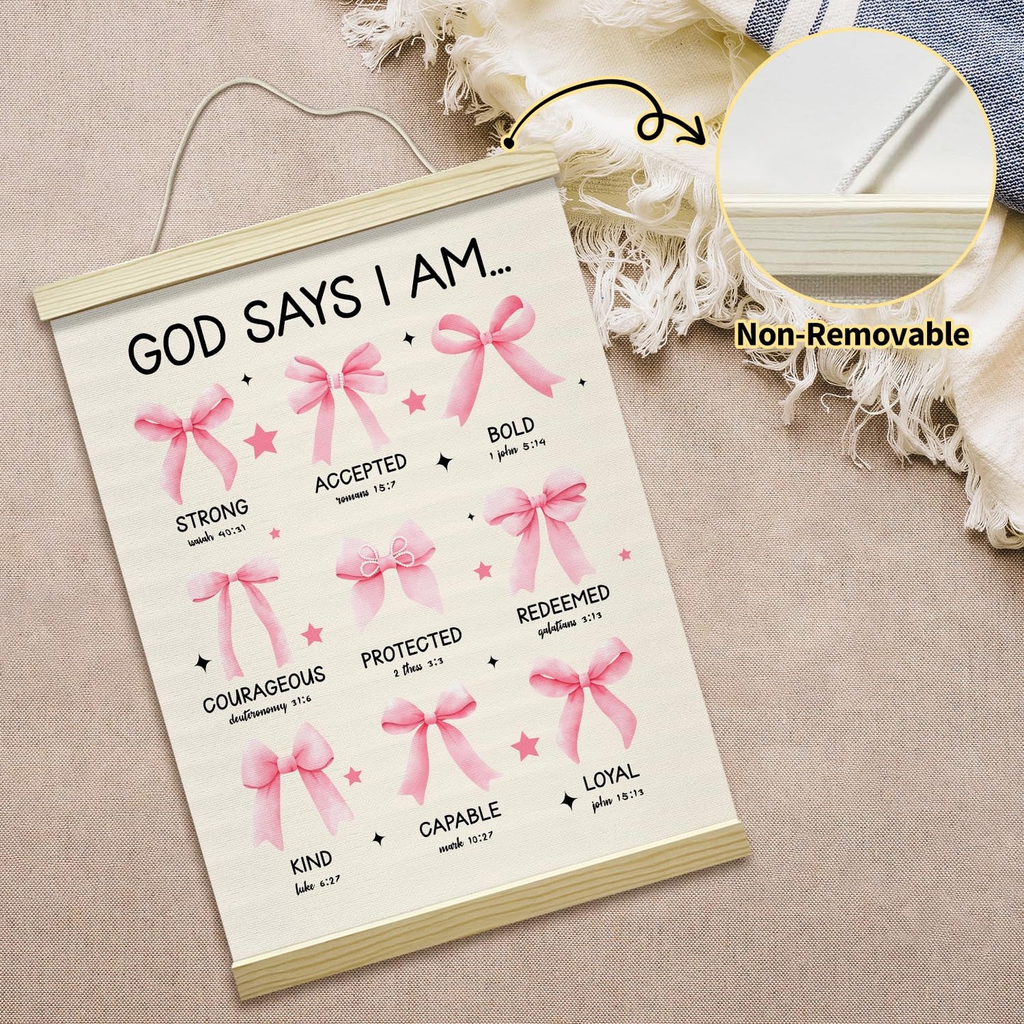 Christian Poster Hanger Frame-God Says I Am, Pink Bow Coquette Posters Canvas Wall Art for Women Girls Dorm Bedroom Decor, 12x16 Inches -027