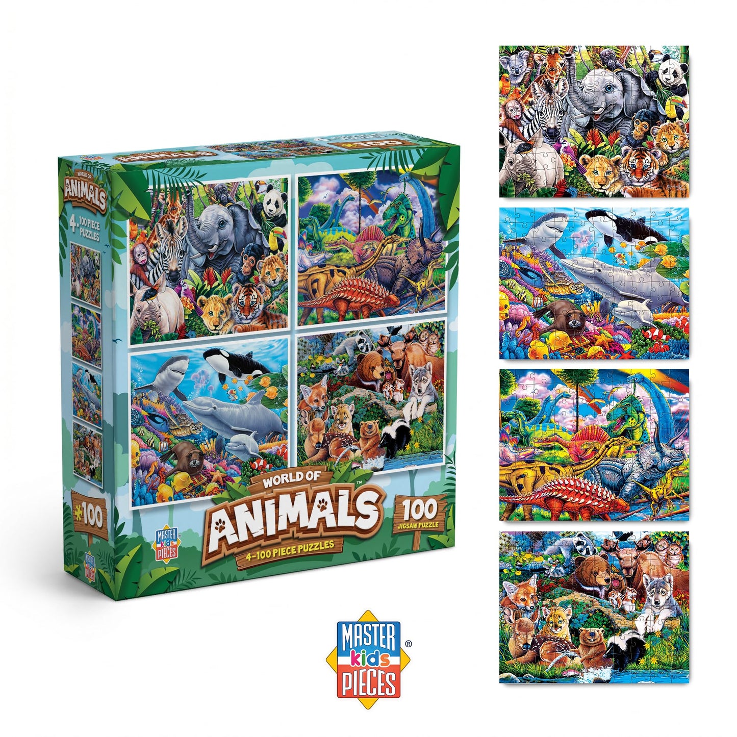 MasterPieces Jigsaw Puzzle Set for Kids, 4-Pack of 100 Piece Puzzles, Educational Animal Theme, Fun Game, Gift Idea, 8" x 10"