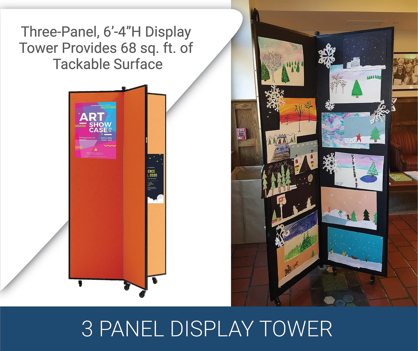 Screenflex Display Towers, Portable Wall Divider Boards for Art Show Partitions, Classroom Panels and Offices - 6’5”H x 3’1”W - 3 Panels - Dark Brown Fabric