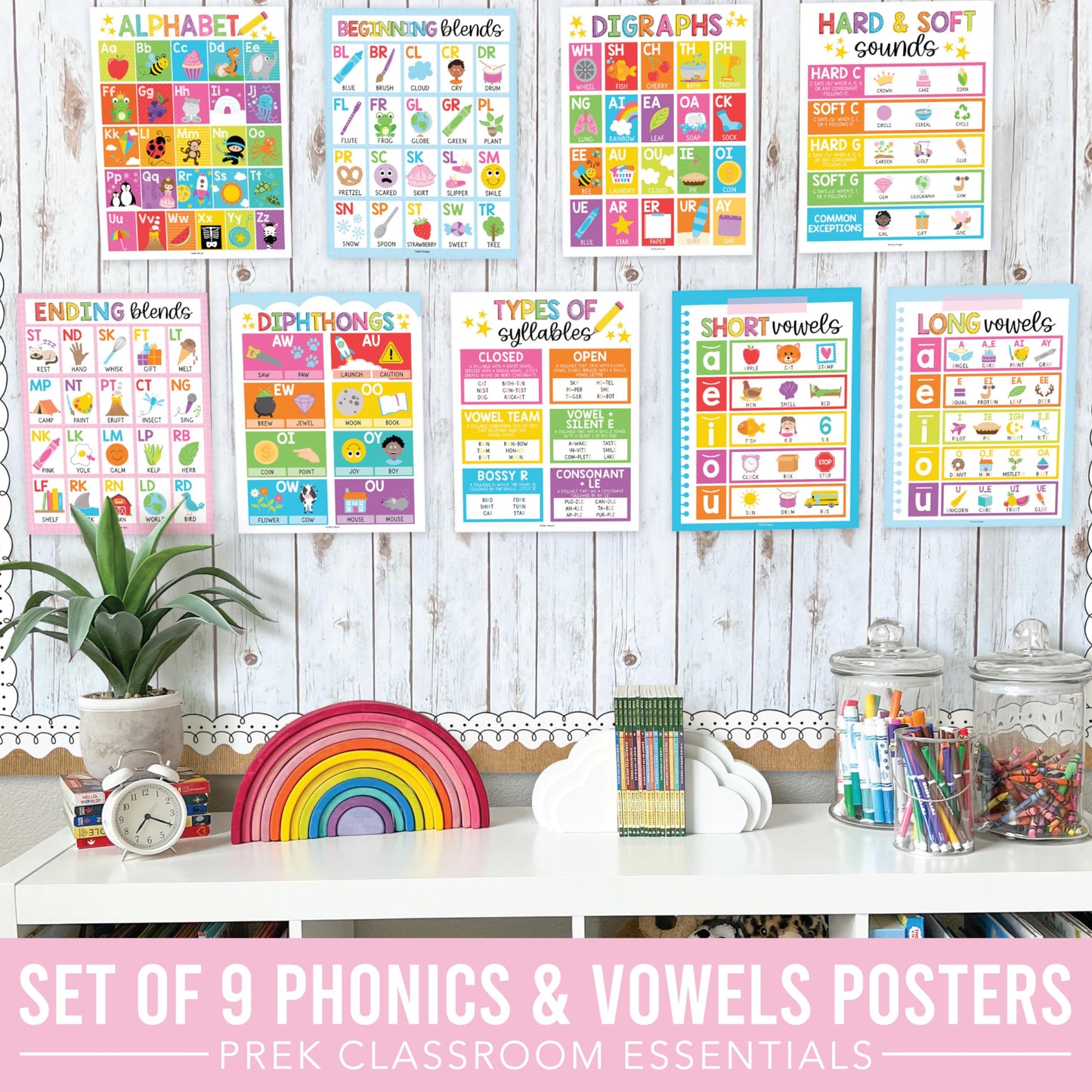 Hadley Designs Phonics Posters for Classroom Must Haves - 9 Sound Wall for Kindergarten & Elementary Teacher Supplies, Syllable, Vowels, Digraphs & Blends Bulletin Board Set, Rainbow Classrom Decor