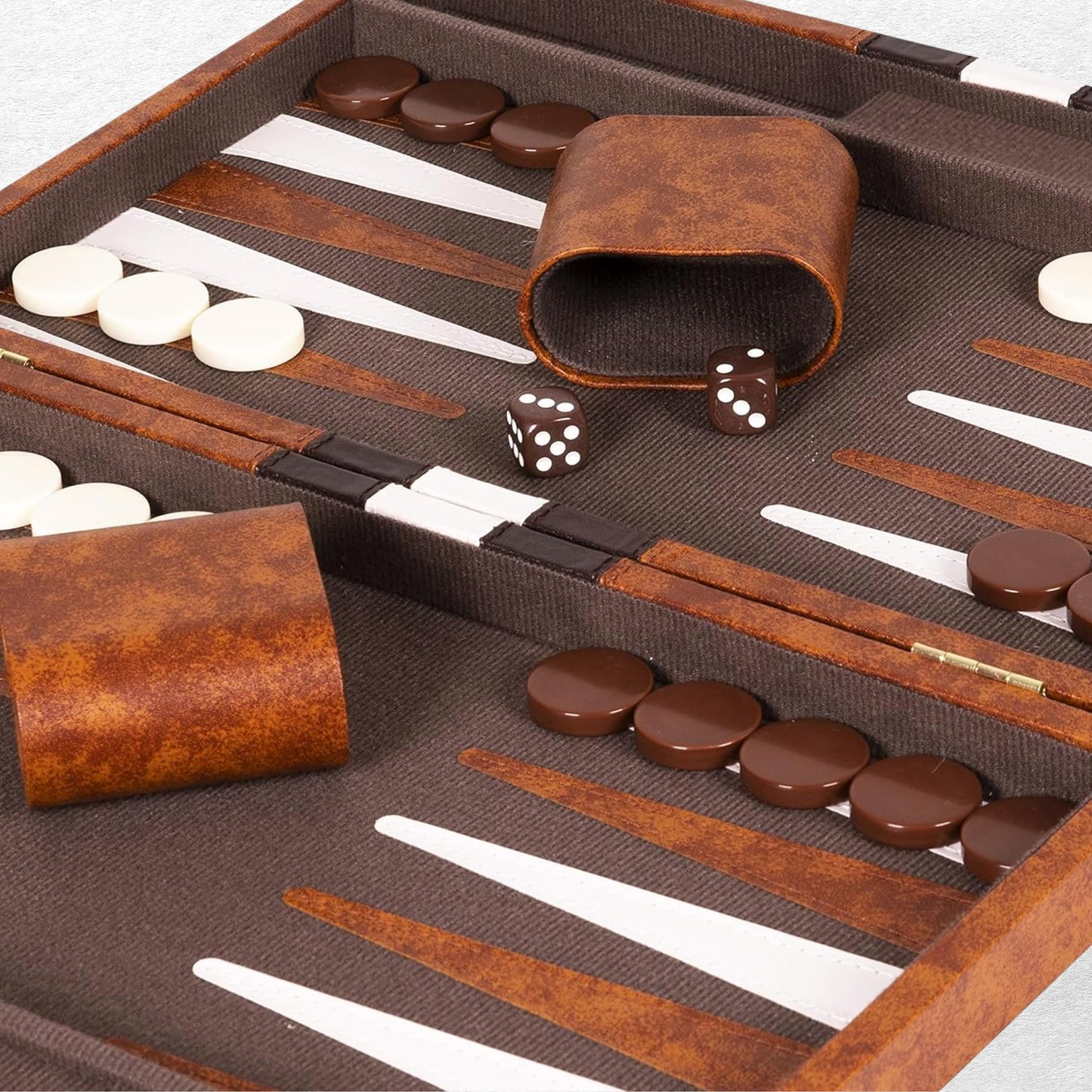 Premium Backgammon 18 Inches Large Brown - Backgammon Sets for Adults and Kids - Leatherette Back Gammon Board Game Set - Travel Backgammon Set Board Encased with Accessories