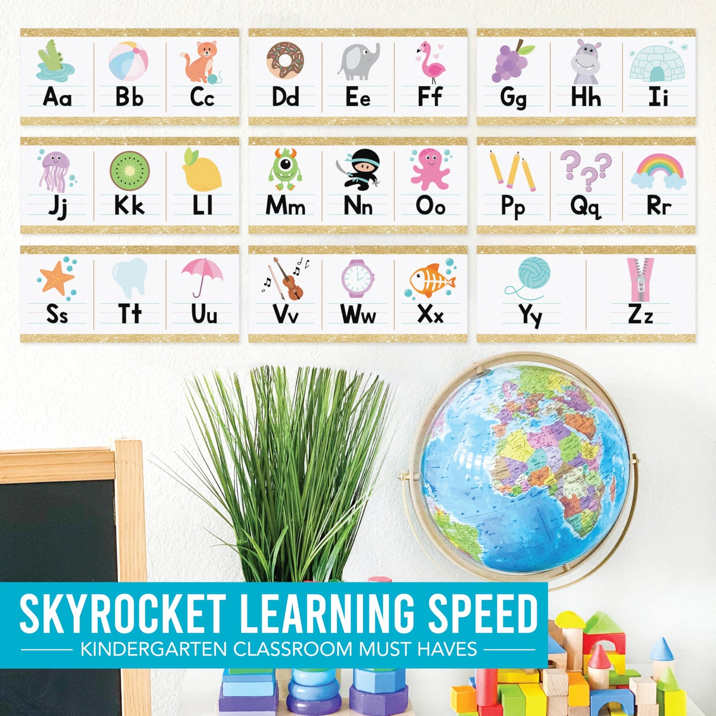 Hadley Designs Alphabet for Classroom Wall Decor - ABC Posters for Classroom Wall Chart Preschool & Kindergarten, ABC Letters & Number Line Elementary, Alphabet Cards, Varsity Letter Classroom Decor