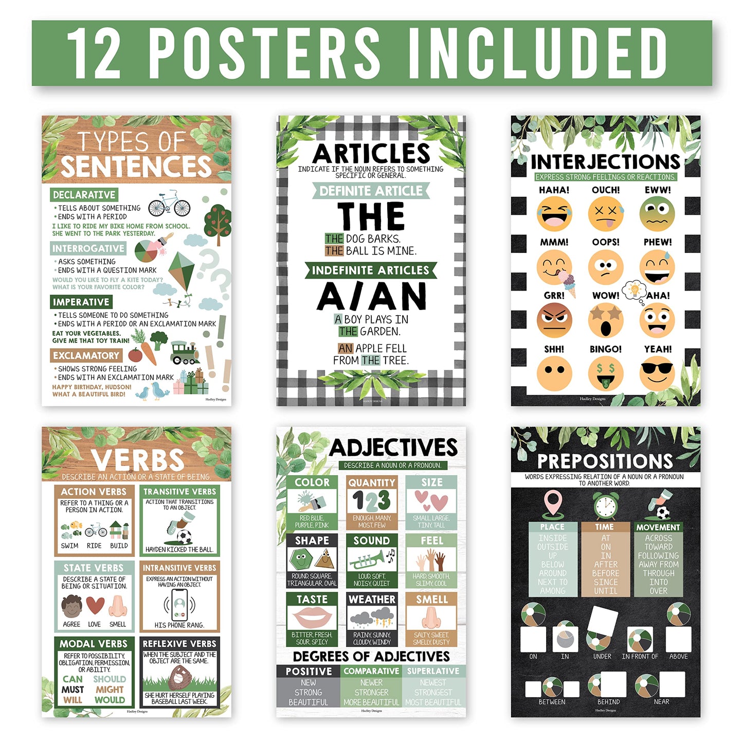 Parts of Speech Posters for Classroom Must Haves - 12 Grammar Posters, Writing Process for Homeschool, Elementary & Middle School, ELA 3rd 4th & 5th Grade Teacher Must Haves, Farmhouse Classroom Decor