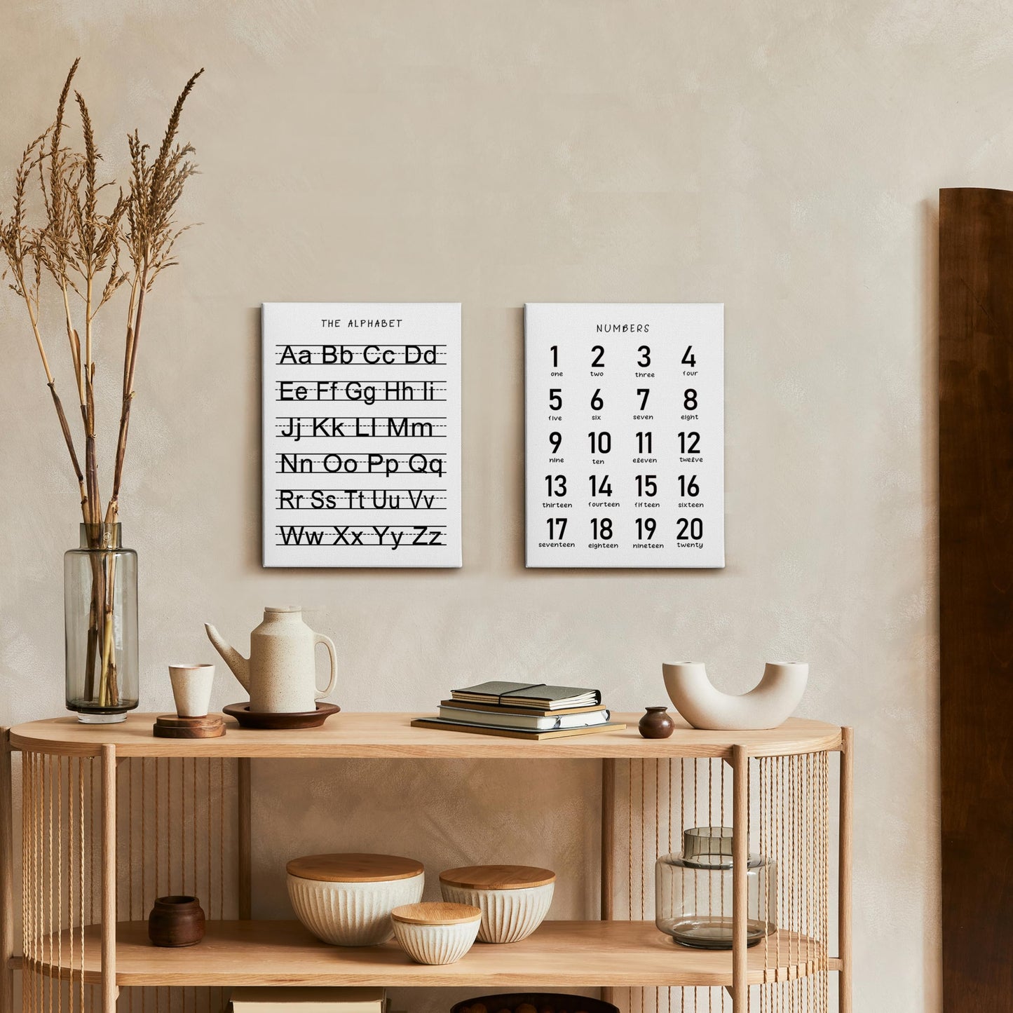 HRQKO Alphabet Numbers Nursery Canvas Wall Art Set of 2, Kids Room Decor Framed Art, ABC Numbers Learning Posters Wall Decor for Classroom Toddler Kids Nursery Bedroom Playroom, 11x14 inch