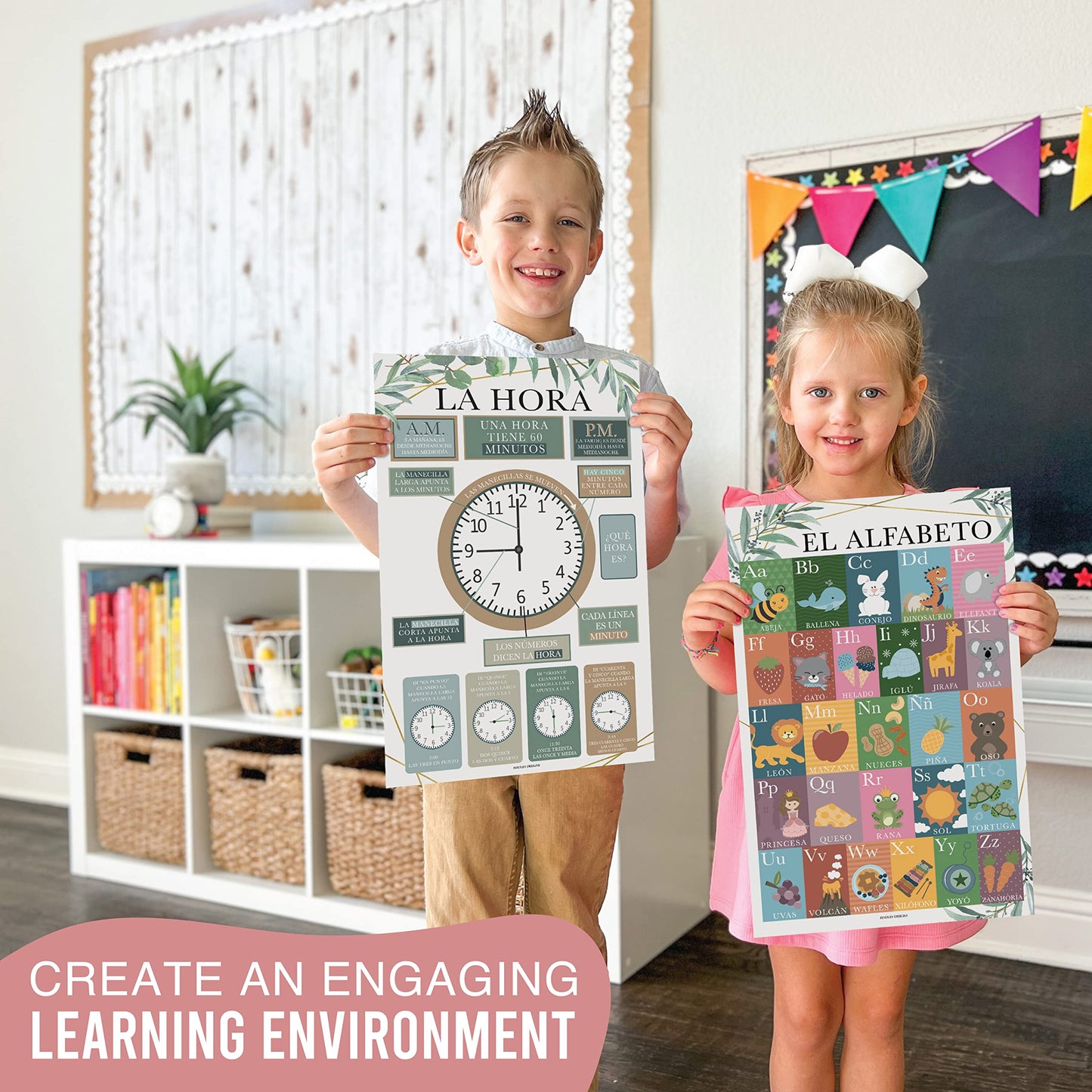Hadley Designs Spanish Posters for Classroom - 12 Bilingual Educational Posters for Spanish Classroom Decorations Must Haves, Calendario y Alfabeto en Español Para la Pared, Greenery Teacher Supplies