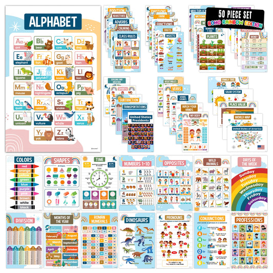 Decorably 50 Boho Rainbow Preschool Posters for Toddlers, Kindergarten, 11x17in Educational, Matte-Laminated Classroom Decor for School Hallways, Bulletin Boards, Home Study Room