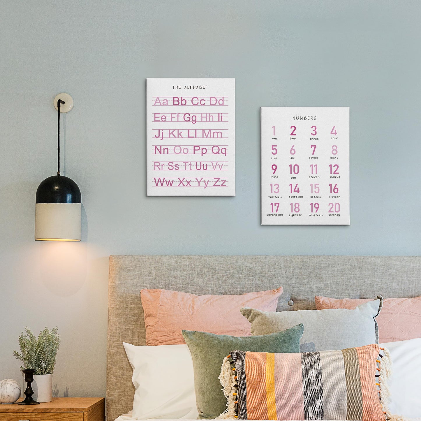 HRQKO Alphabet Numbers Nursery Canvas Wall Art Set of 2, Pink Kids Room Decor Framed Art, ABC Numbers Educational Posters Wall Decor for Classroom Toddler Kids Nursery Bedroom Playroom, 11x14 inch