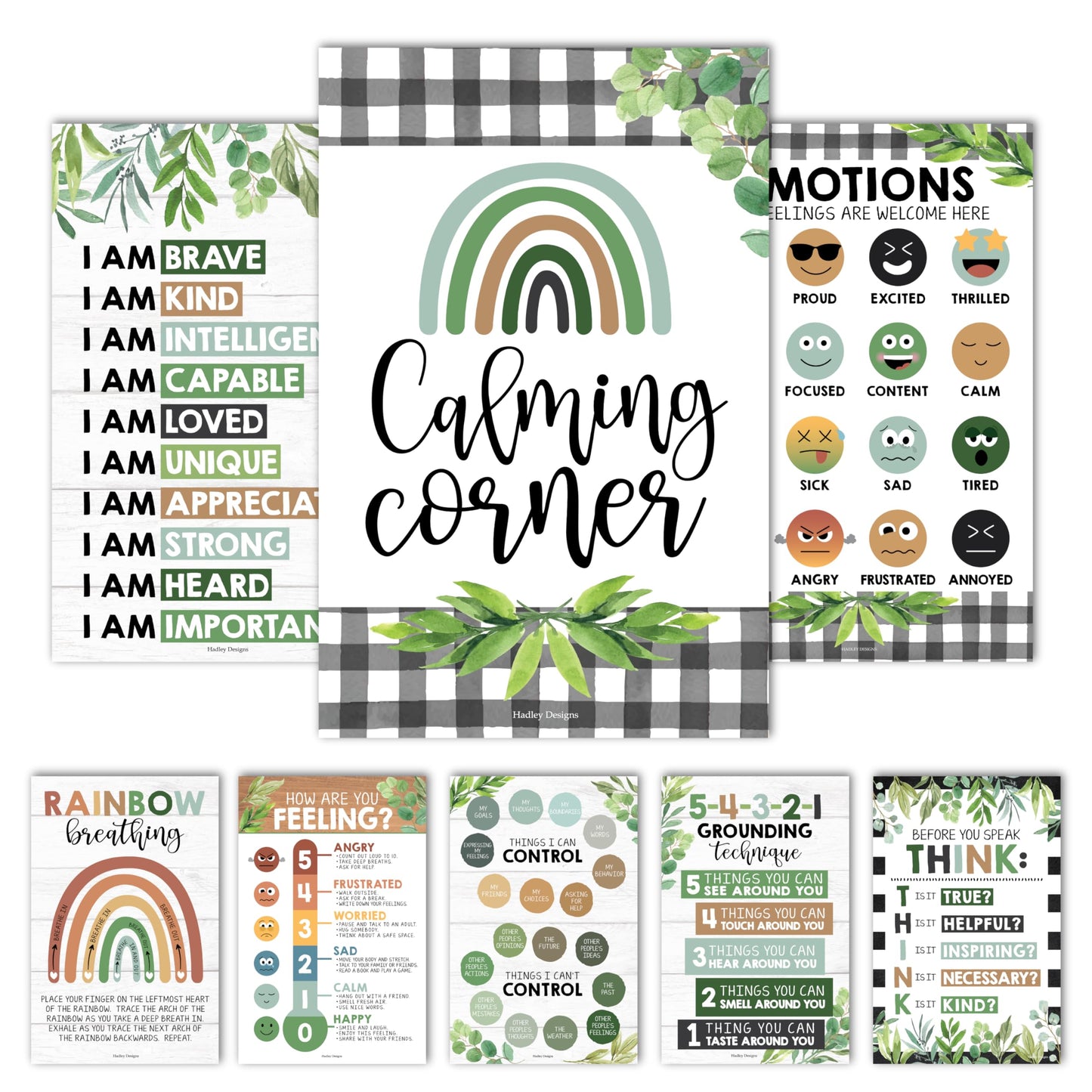 Hadley Designs 8 Calming Corner Posters for Classroom Must Haves - Calm Down Corner Supplies with Emotions Chart, School Counselor Mental Health Poster, Feelings Chart For Kids, Boho Classroom Decor