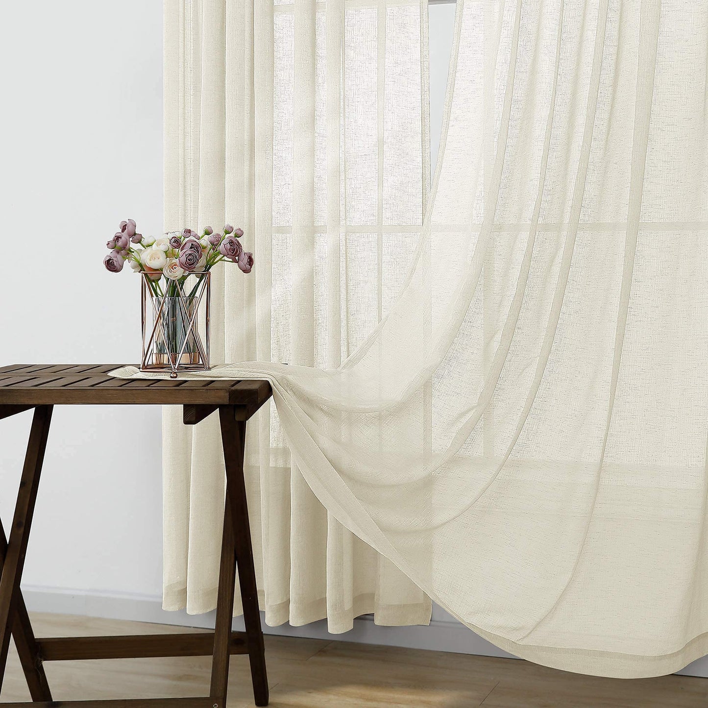 KOUFALL Beige Sheer Curtains 96 Inches Long 2 Panel Set,Cream Tan Rod Pocket Linen Look Neutral Curtains for Living Room Bedroom