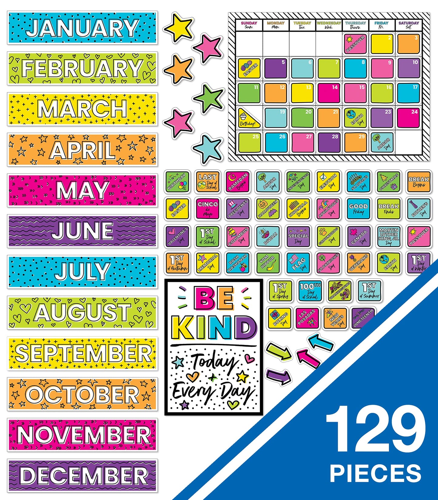 Carson Dellosa Kind Vibes 129 pc Set Wall Calendar, Monthly Headers, Birthdays, Holidays, Number Cover Ups, Motivational Poster, Star Cutouts, and More for Bulletin Board and Classroom Decor