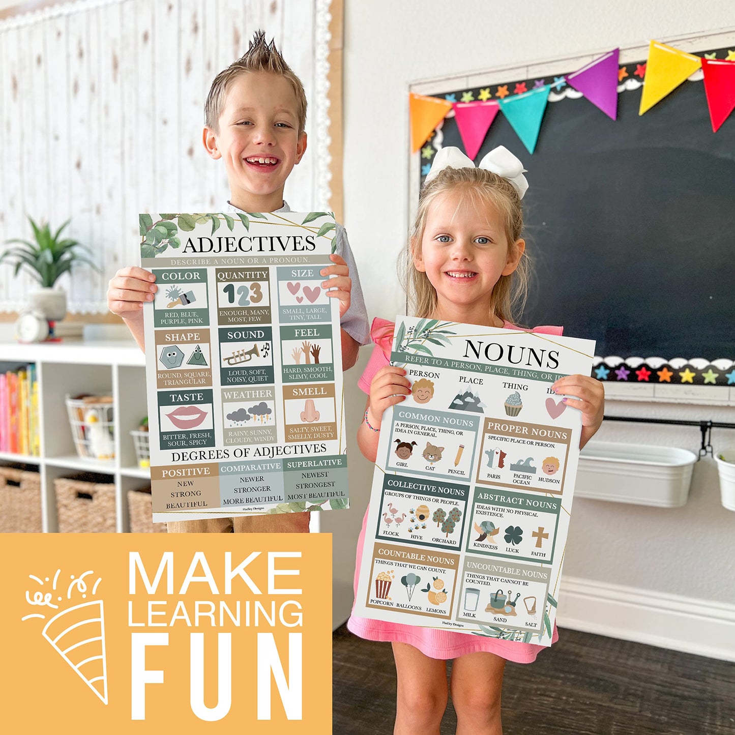 Parts of Speech Posters for Classroom Must Haves - 12 Grammar Posters, Writing Process for Homeschool, Elementary & Middle School, ELA 3rd 4th & 5th Grade Teacher Must Haves, Greenery Classroom Decor