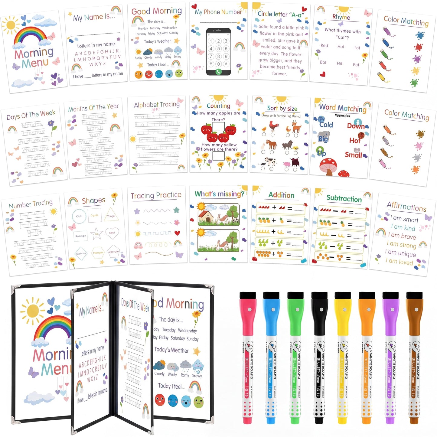 Hushee 31 Pcs Homeschool Morning Menu Kit for Toddler Preschool Kindergarten Prek Classroom Essentials Interactive Toddler Learning Binder, 21 Educational Posters 2 Dry Erase Menu Covers & 8 Markers