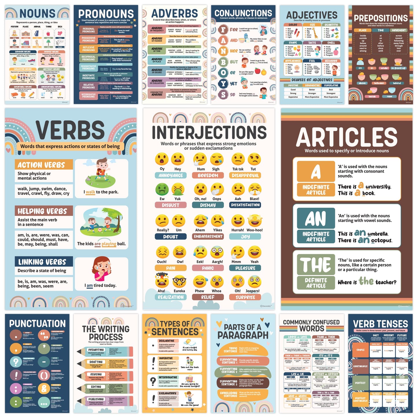 Decorably 15 Boho Rainbow Parts of Speech ELA Classroom Posters, 11x17in Educational, Matte-Laminated Decor - for School, Hallways, Bulletin Boards, Home Study Room