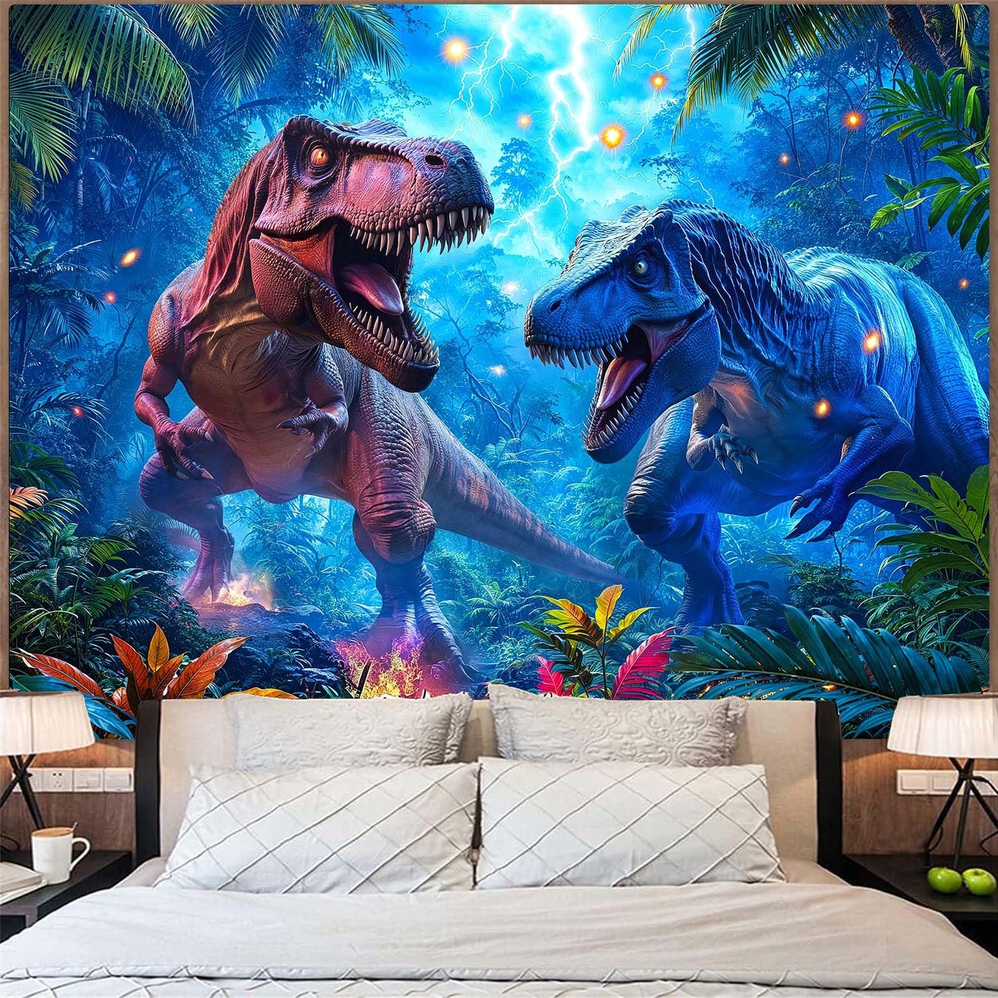 Spenlife Thunder Dinosaur Showdown Wall Tapestry, Fantasy Dino Battle Tapestries for Room Decor, Prehistoric Tapestry 60x44 Inch