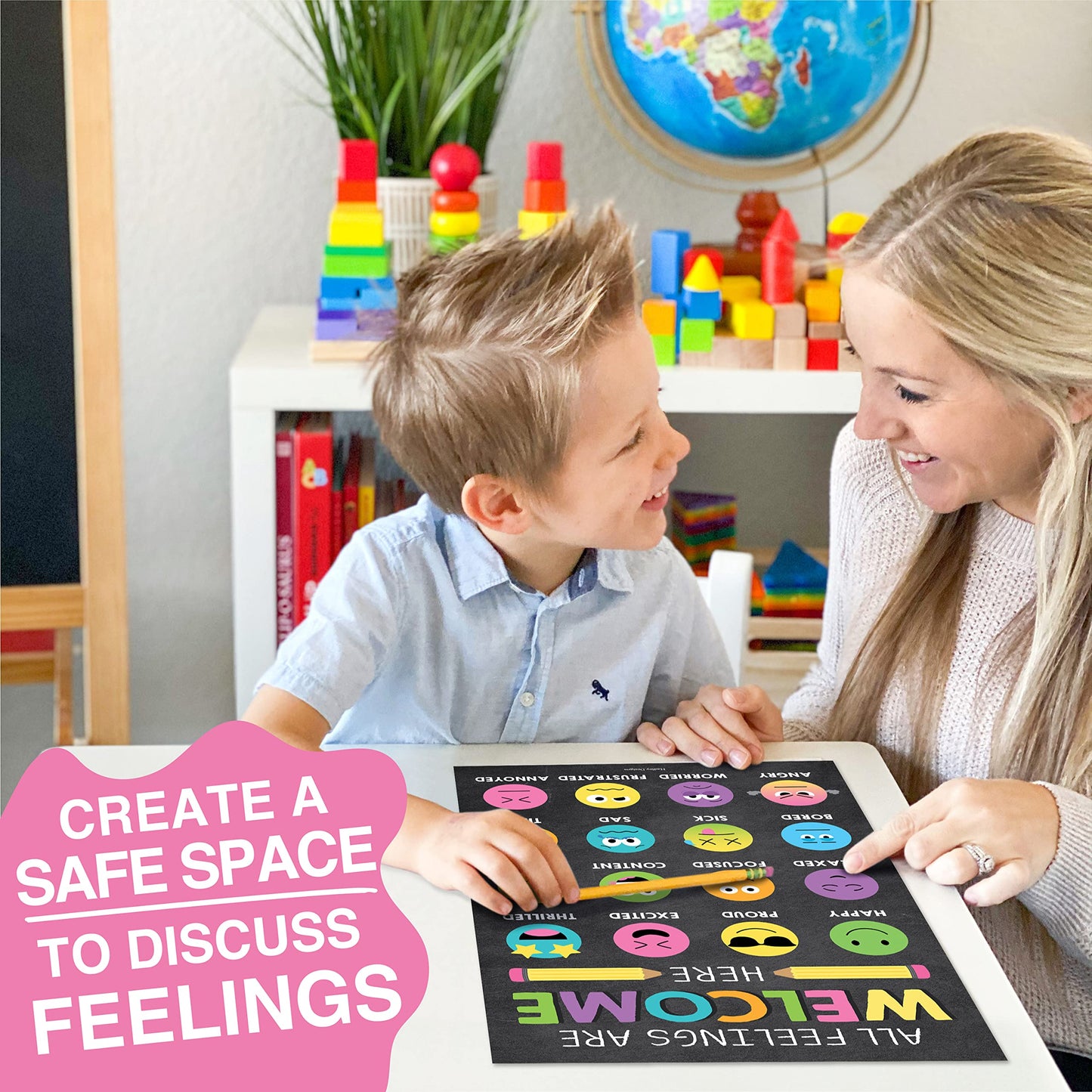 Hadley Designs Feelings Chart for Classroom Must Haves - Emotions Chart for Toddler Calm Down Corner Supplies, Feelings Wheel, Mental Health & Social Emotional Learning Posters, Chalk Classroom Decor