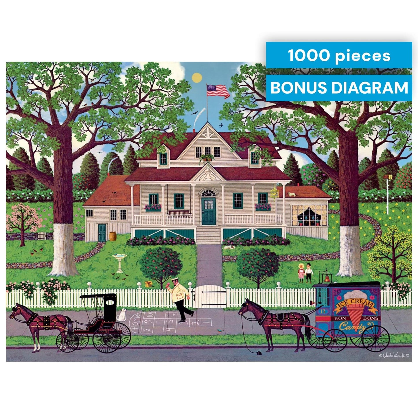 Buffalo Games Charles Wysocki - Ice Cream & Hopscotch - 1000 Piece Jigsaw Puzzle - 26.75 x 19.75 in, Bonus Poster - Adult Jigsaws - Recycled Board - 1000 Piece Puzzle for Adults