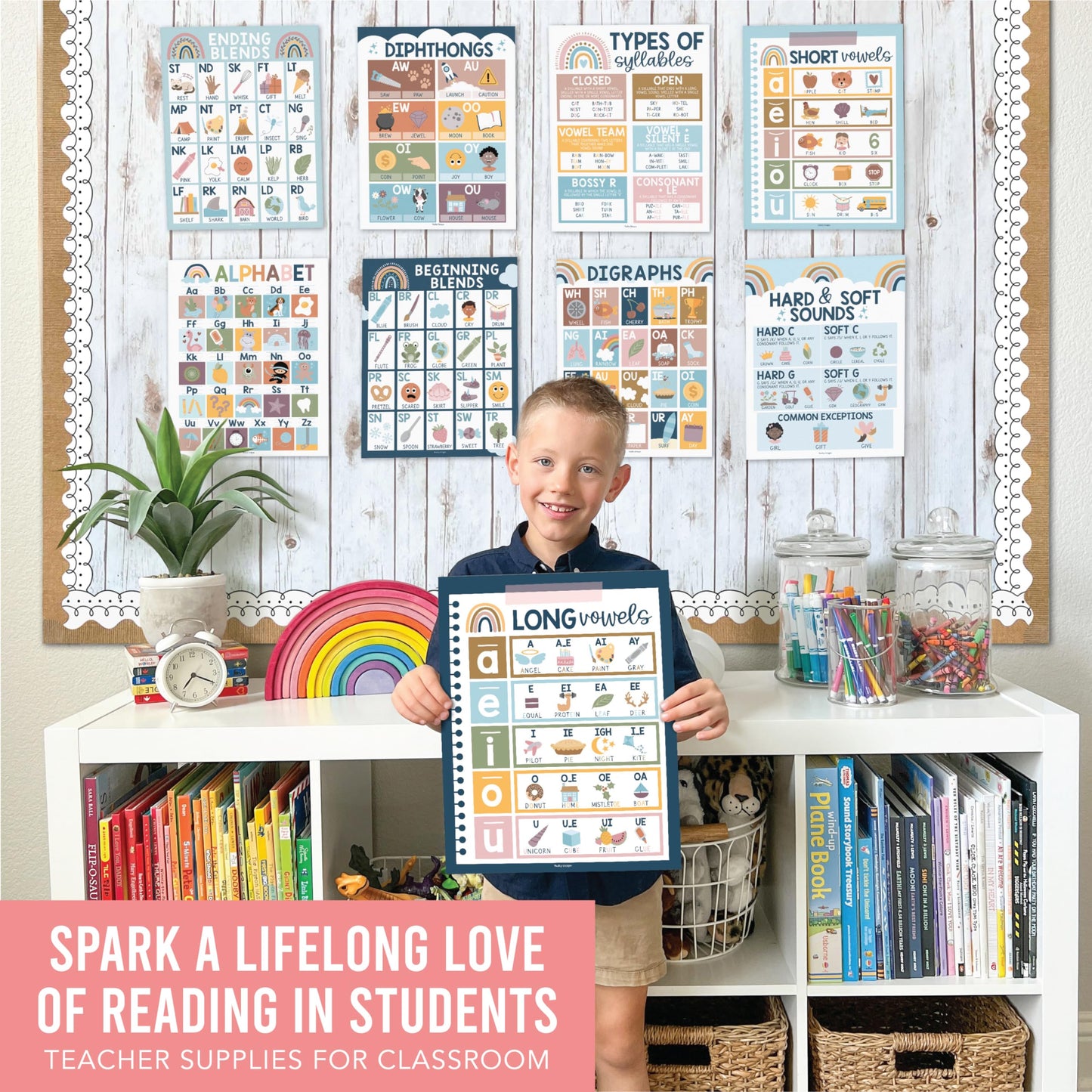 Hadley Designs Phonics Posters for Classroom Must Haves - 9 Sound Wall for Kindergarten & Elementary Teacher Supplies, Syllable, Vowels, Digraphs & Blends Bulletin Board Set, Boho Classrom Decor