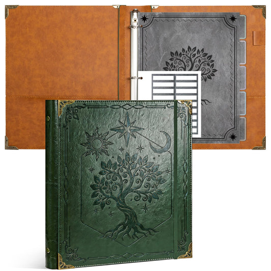 Ospelelf 3 Ring Binder 1 Inch Leather Vintage Hardcover Binder Dividers with Tabs for Letter Size 8.5"x11" Paper, Binder with Pockets for Photo Album, Document Organizer and Family History, Green Tree