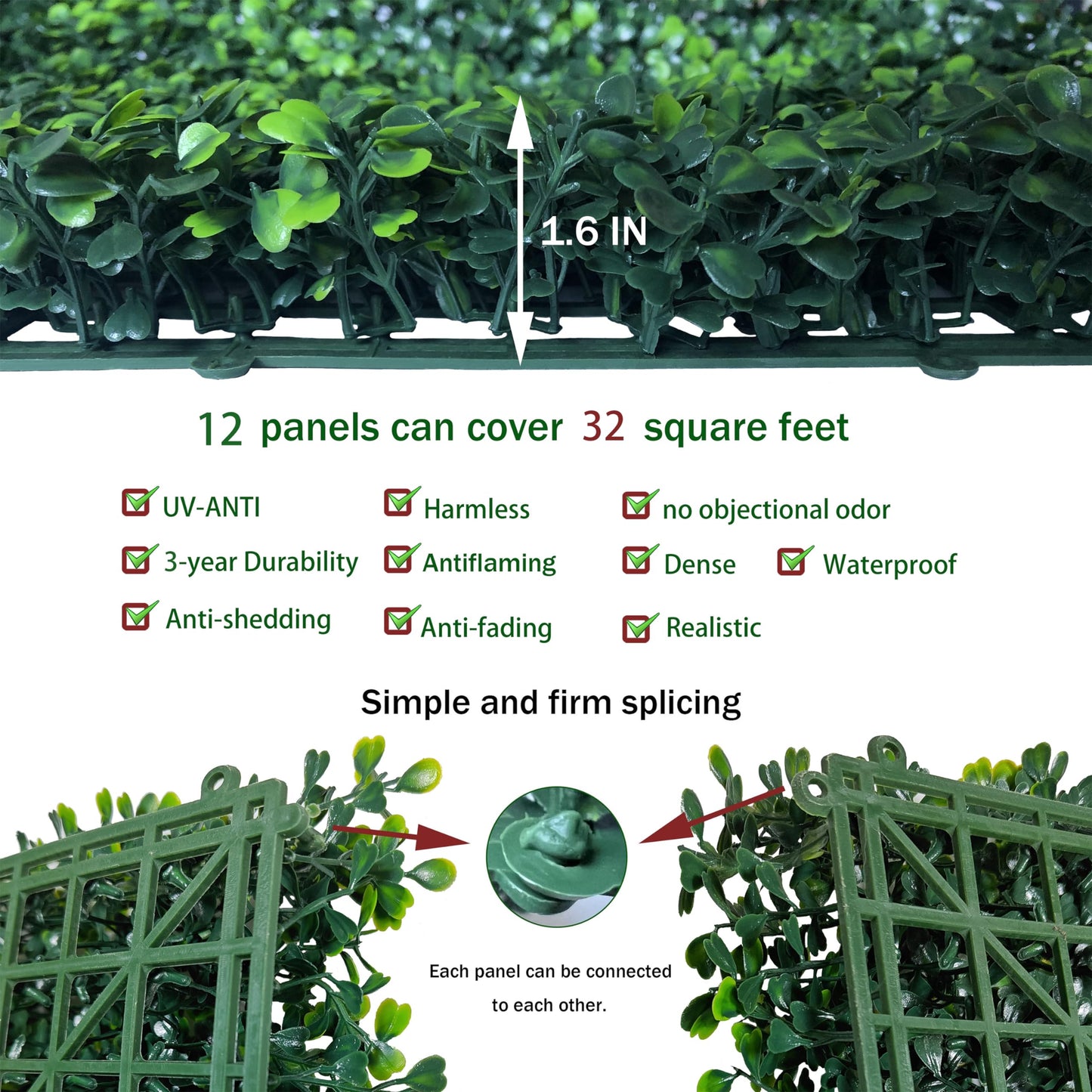 ODTORY Artificial Boxwood Hedge Wall Panels, 24 X 16 in 12P UV-Anti Faux Greenery Vine Grass Wall Backdrop for Indoor Outdoor Green Plant Wall Decor & Ivy Fence Covering Privacy