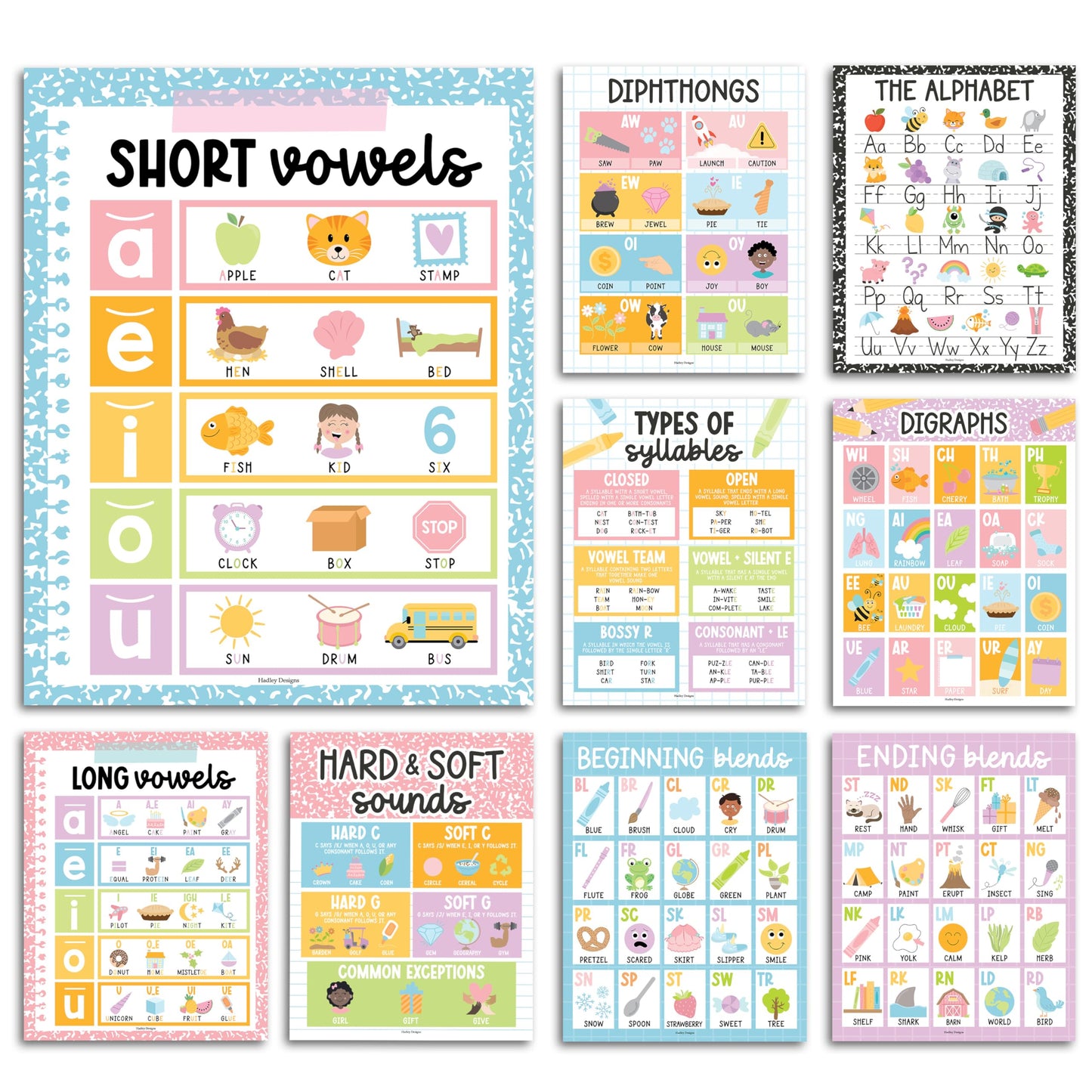 Hadley Designs Phonics Posters for Classroom Must Haves - 9 Sound Wall for Kindergarten & Elementary Teacher Supplies, Syllable, Vowels, Digraphs & Blends Bulletin Board Set, Pastel Classrom Decor