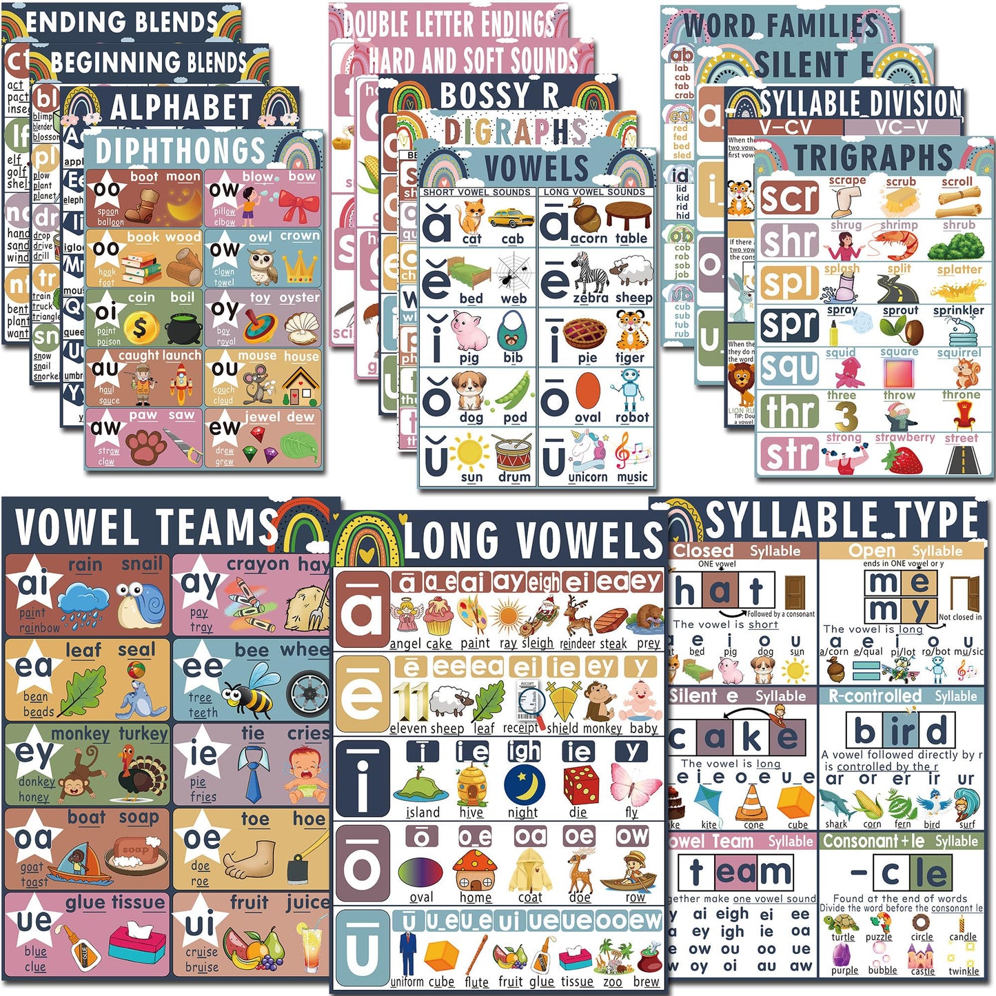 16 Sound Wall Classroom Phonics Language Arts Charts for Kids Toddler Learning Vowels Sounds, Phonics Posters for Classroom, Digraphs and Blends Poster, Reading Poster, Sound Wall Phonics Routine（16 x 11 Inch）