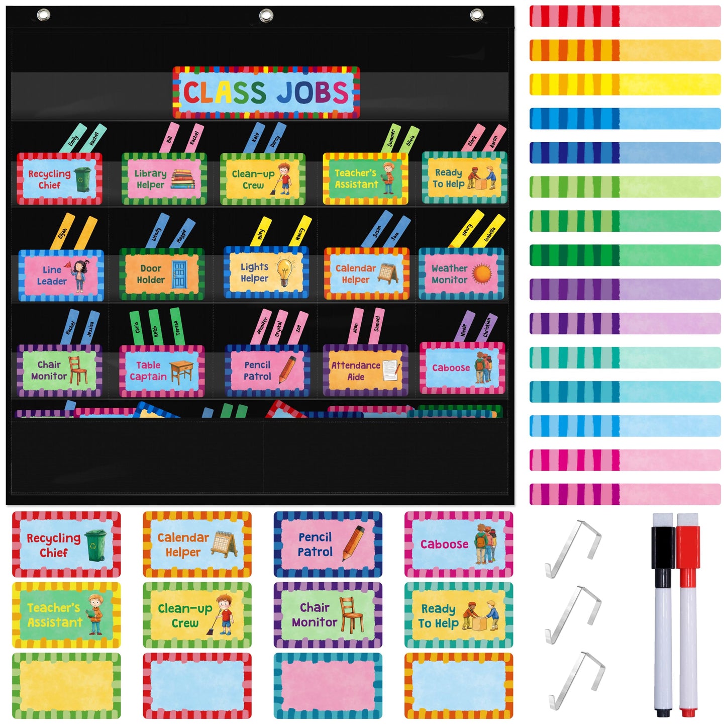 SpriteGru Class Jobs Pocket Chart, 1 Pocket Chart+83 Erasable Cards+3 Metal Hooks+2 Markers, Teacher’s Helper for Classroom Home School Bulletin Board (24.6” x 26”, Black)