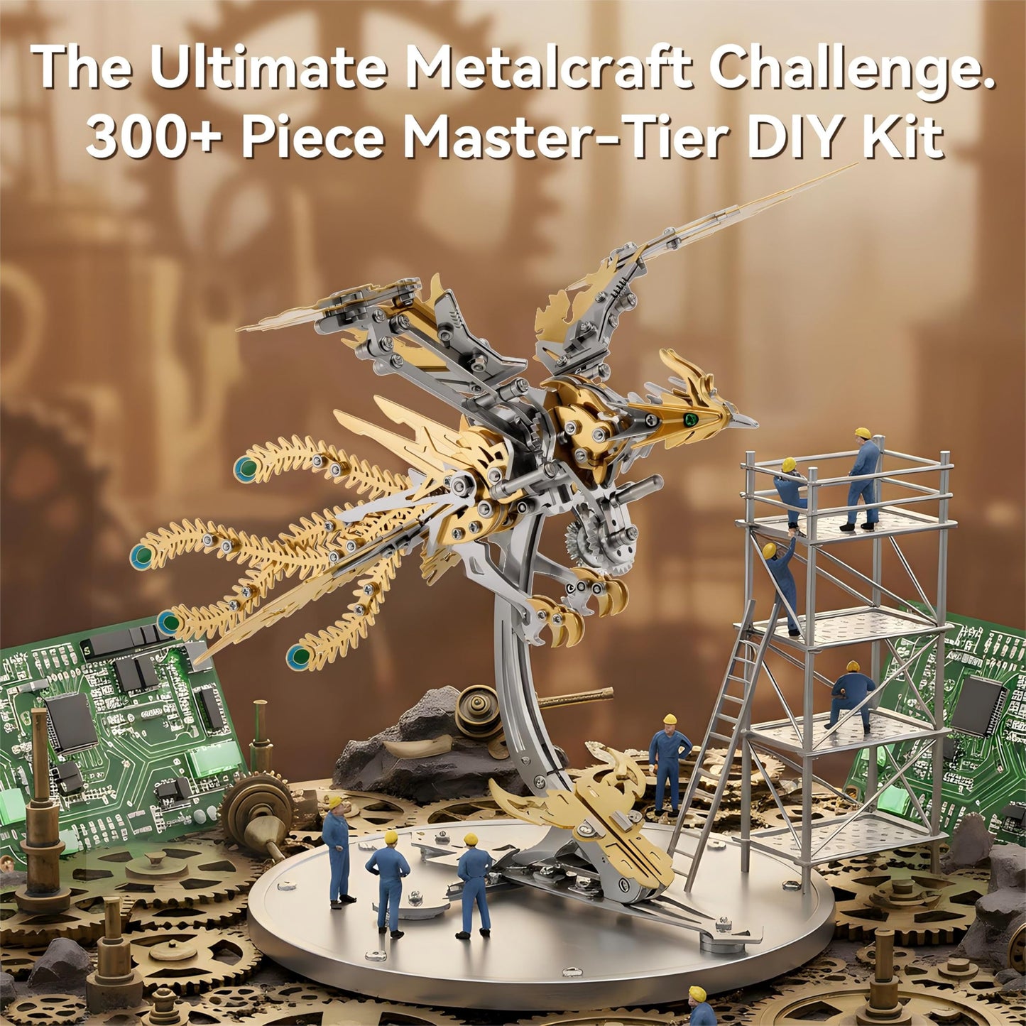 Gold-Plated Metal Phoenix Model Kit - 3D Stainless Steel Mythical Bird Puzzle for Adults - Mechanical Firebird Figurine - Steampunk Kinetic Art Sculpture - Home Decor Gift(Phoenix-Gold)