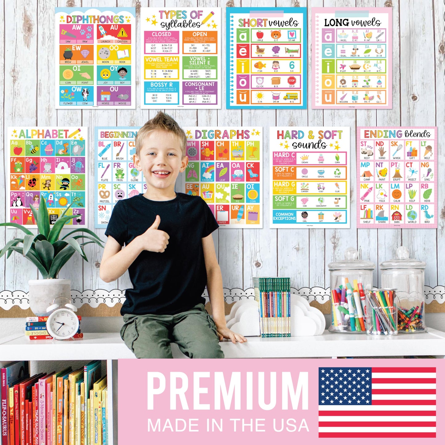 Hadley Designs Phonics Posters for Classroom Must Haves - 9 Sound Wall for Kindergarten & Elementary Teacher Supplies, Syllable, Vowels, Digraphs & Blends Bulletin Board Set, Rainbow Classrom Decor