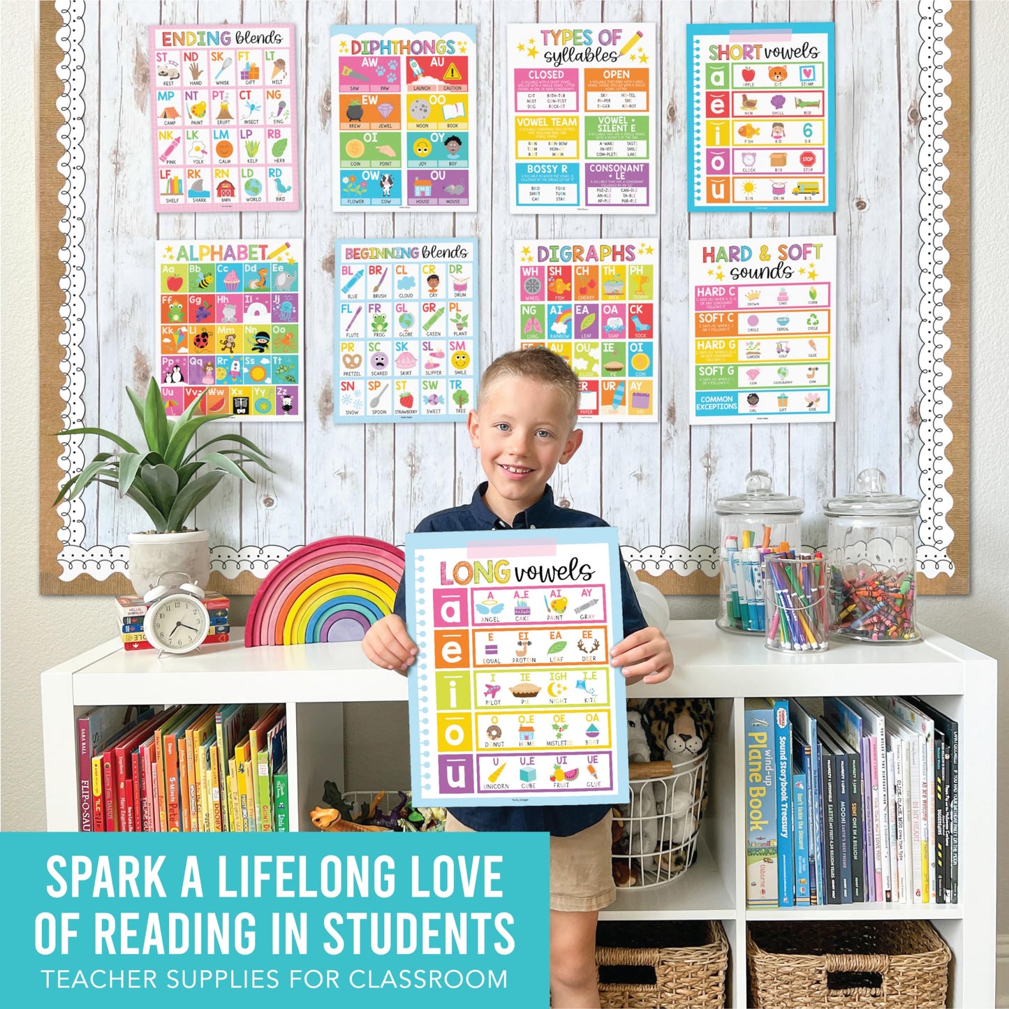 Hadley Designs Phonics Posters for Classroom Must Haves - 9 Sound Wall for Kindergarten & Elementary Teacher Supplies, Syllable, Vowels, Digraphs & Blends Bulletin Board Set, Rainbow Classrom Decor