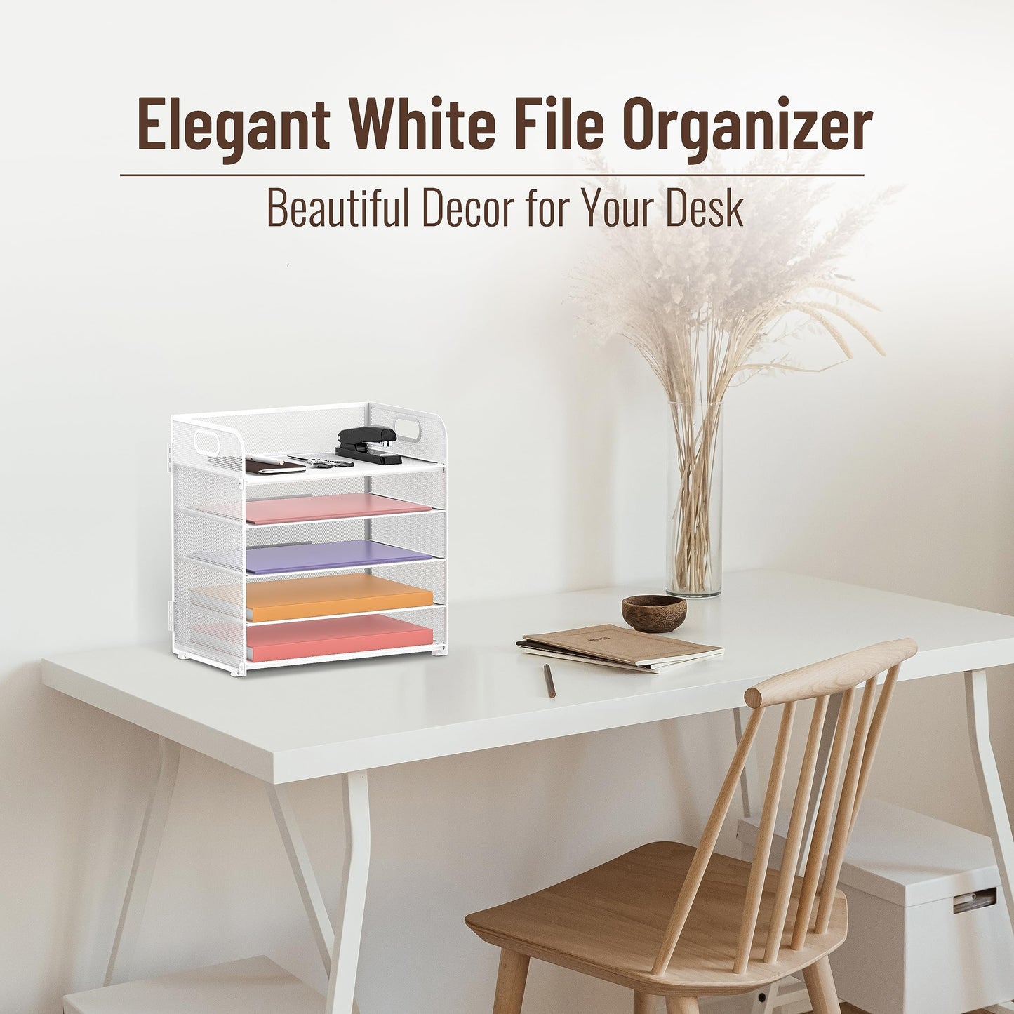 Supeasy 5 Trays Paper Organizer Letter Tray with Handle-Mesh Desk File Holders, Paper Sorter Desk Organizer for Office, Home, Classroom or School, White