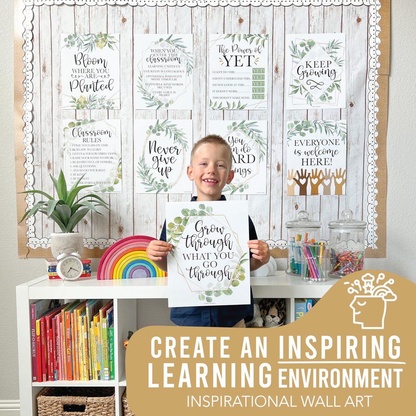 Hadley Designs Motivational Poster for Classroom Decor - 9 Growth Mindset Classroom Posters Elementary, Inspirational Wall Decor Middle School, Teacher Must Haves, Greenery Bulletin Board Decorations