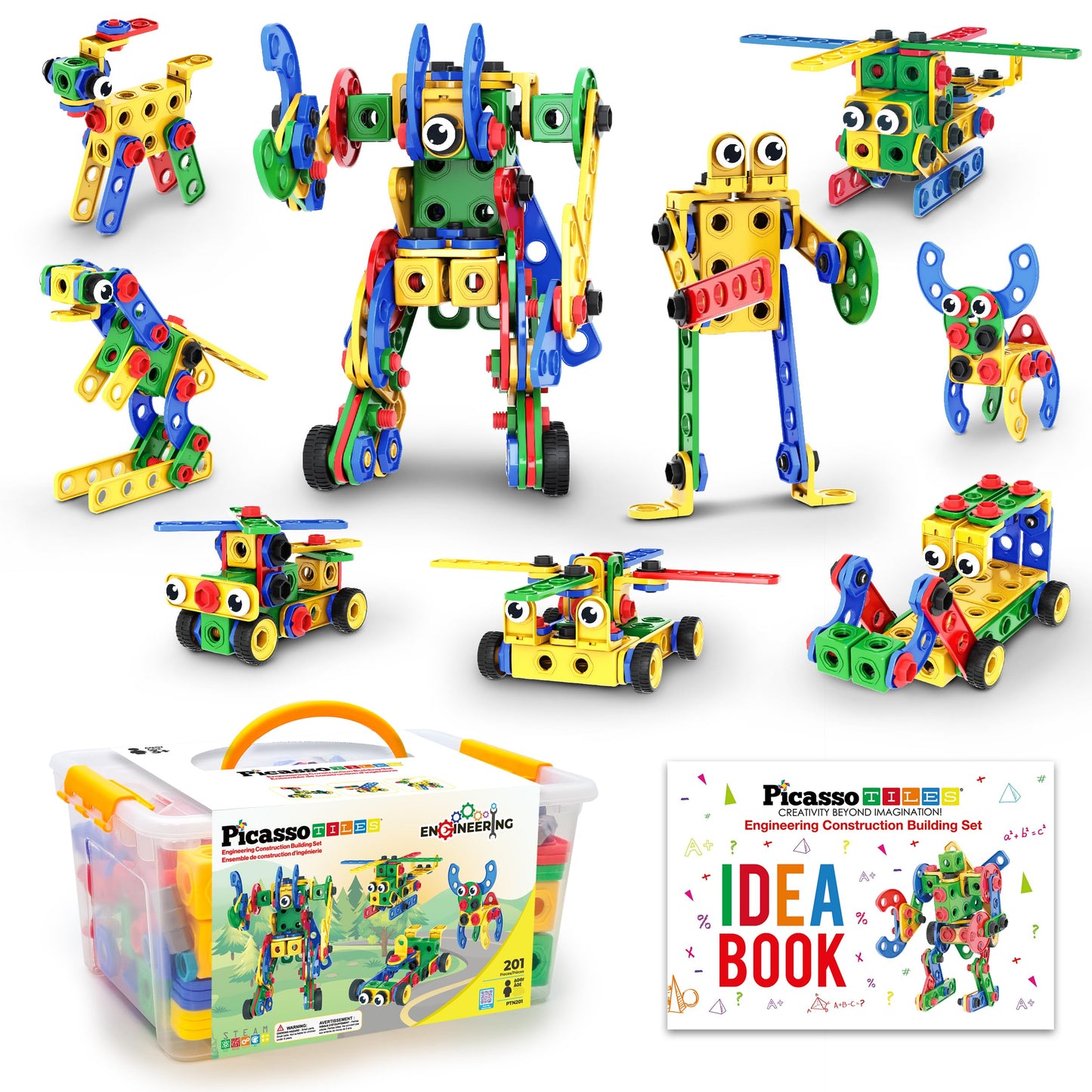 PicassoTiles 201pc STEM Learning Block Construction Kit with Power Drill and Clickable Ratchet Educational Engineering Toy Set Kids Age 3 Plus Preschool Activity Creative Play with Idea Book PTN201