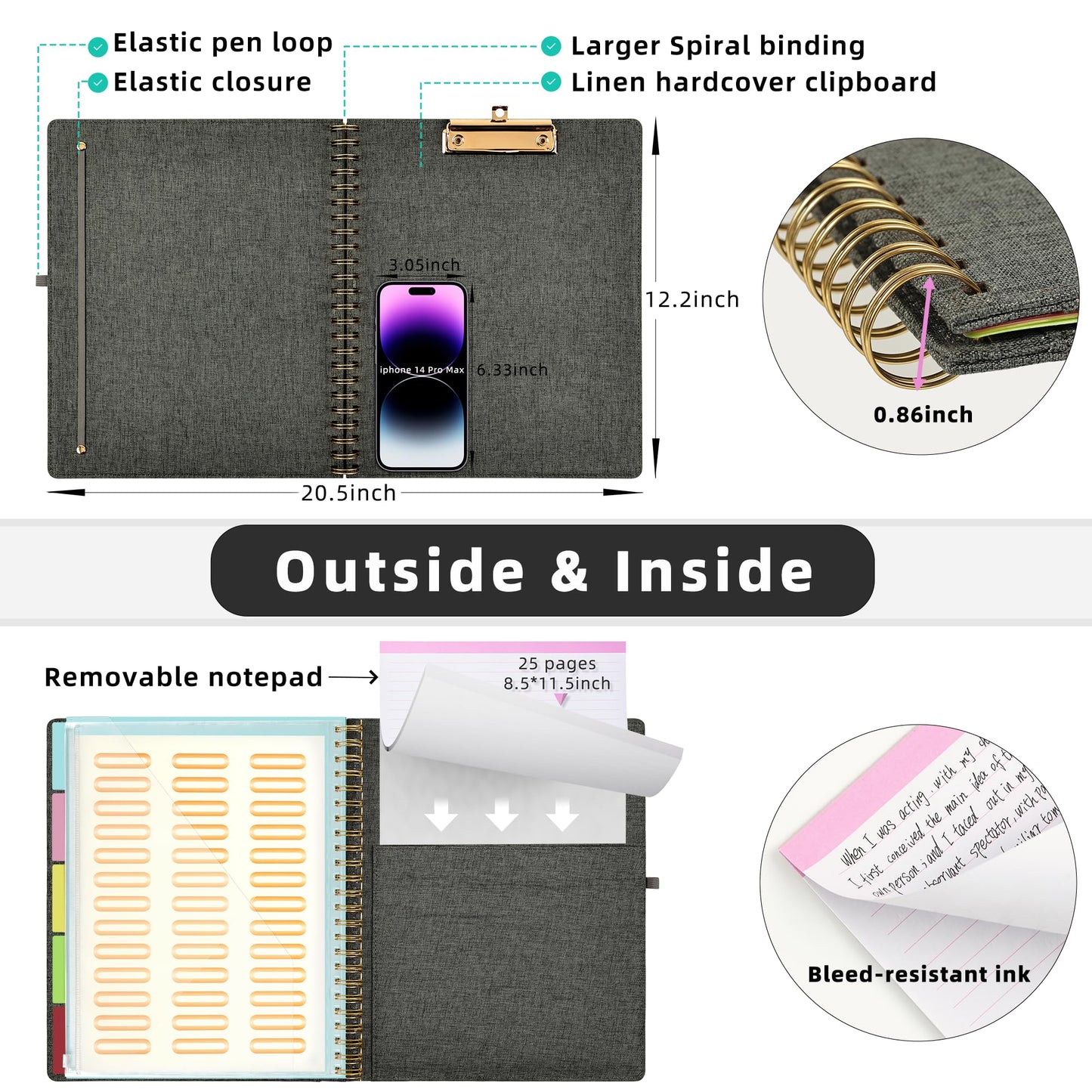 Ospelelf Foldable Spiral Clipboard Folio with Storage Zipper Pouch, 5 Plastic Folders with 10 Pockets,Refillable Lined Notepad (11" x 8.5"), Hardcover Project Organizer with 39 Stickers (Dark Grey)