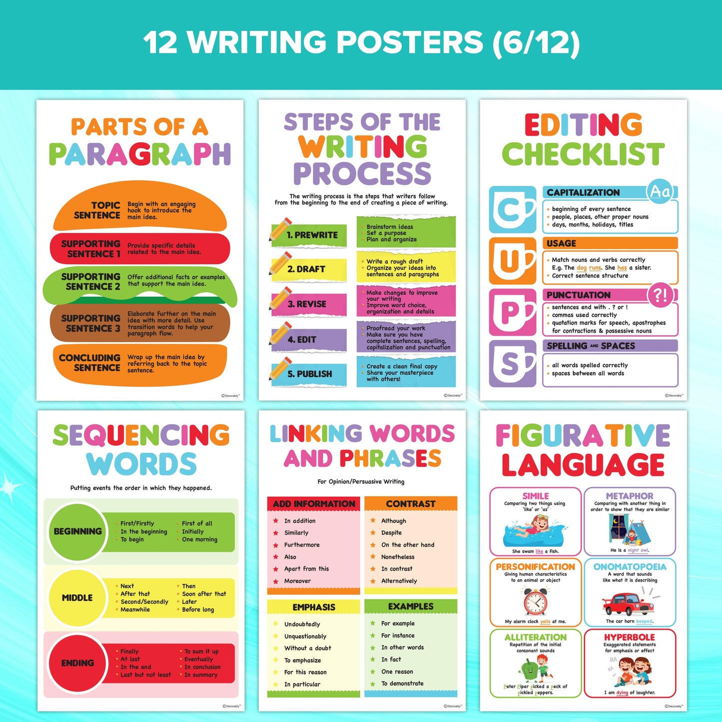 Decorably 12 Writing Posters for Classroom Middle School and Elementary, 11x16in Educational, Matte-Laminated for Hallways, Bulletin Boards, Home Study Room