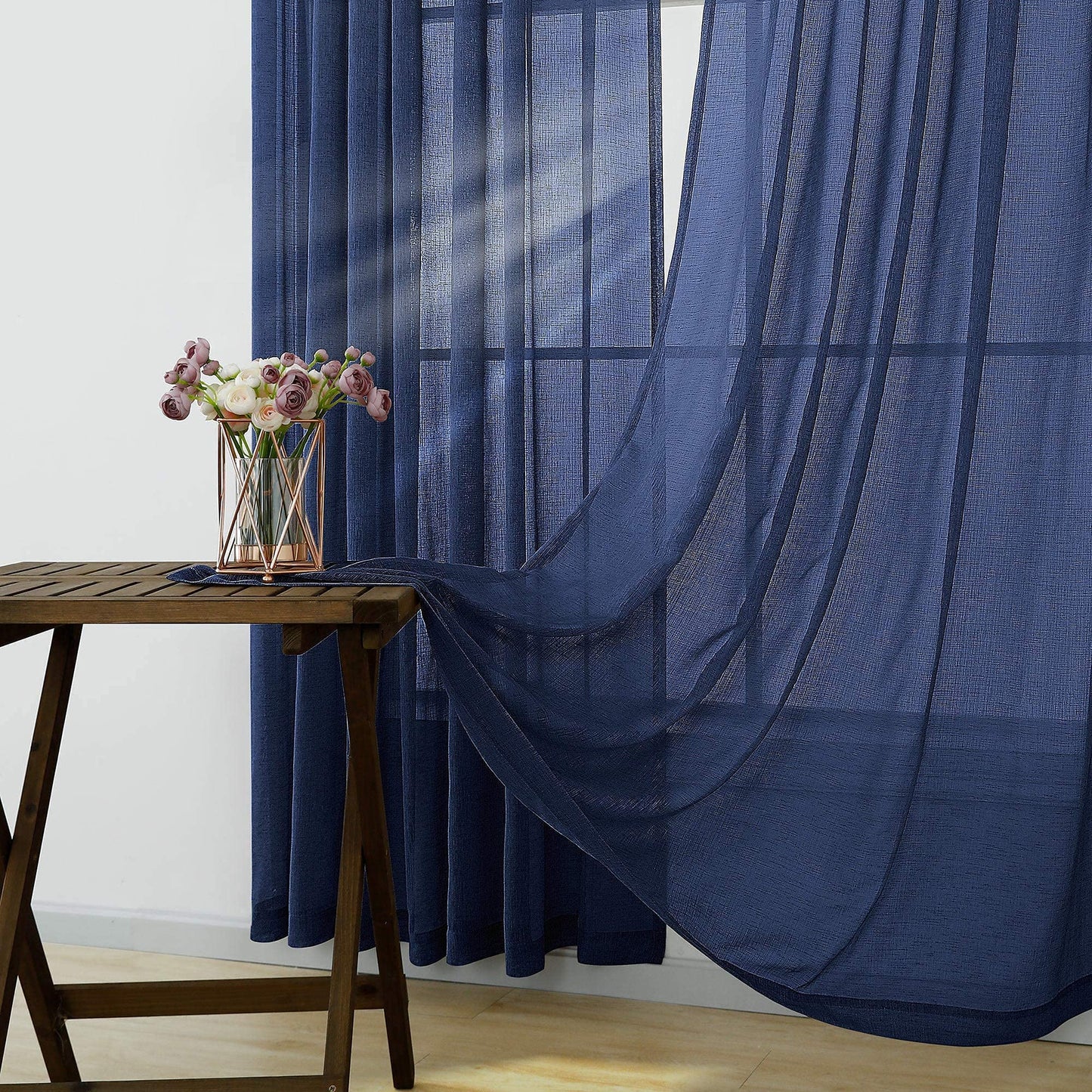 Navy Blue Window Curtains 96 Inches Long 2 Panel Set Rod Pocket Woven Textured Linen Look Voile Sheer Drapes for Living Room Village Apartment Cabin Garden Canopy Family Room Home Decor 52 Inch Width