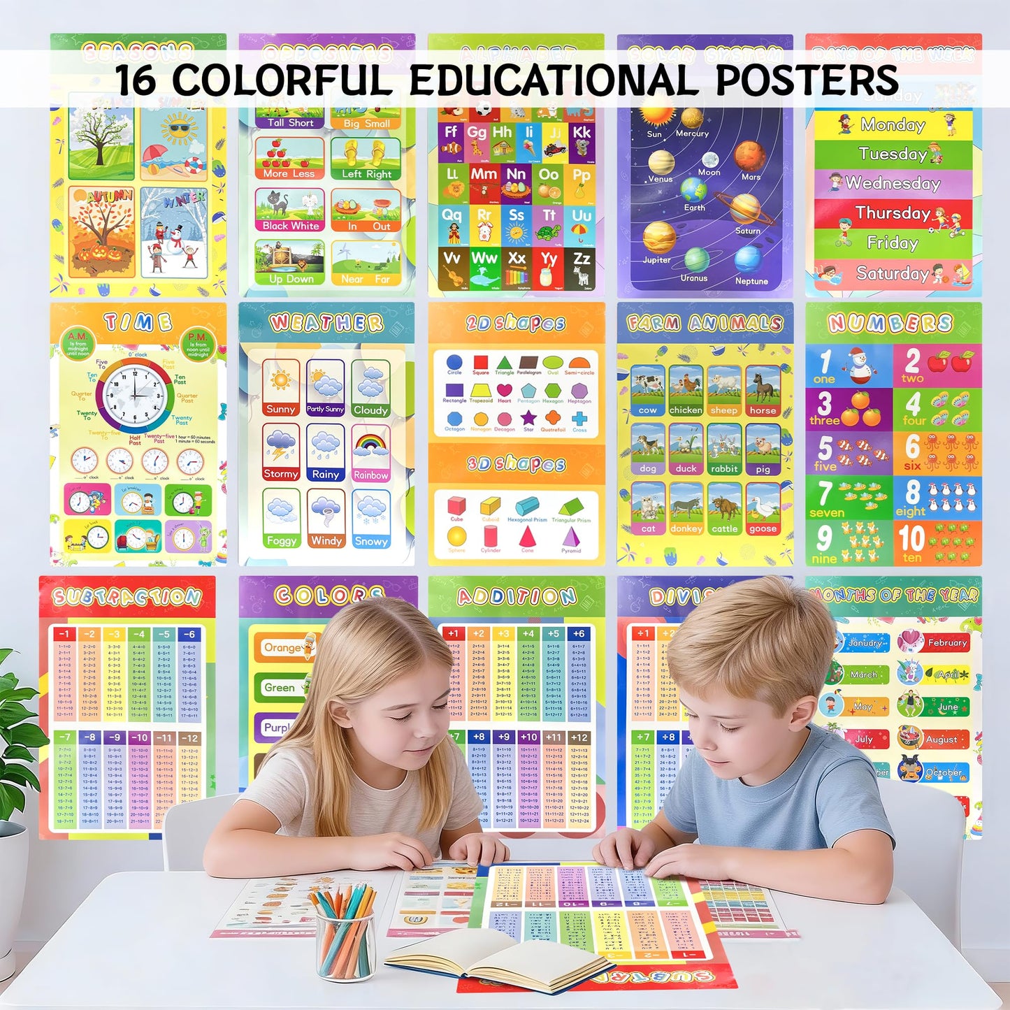 16 Packs 16.7 " x 11 " Laminated Learning Posters for Toddlers 1-3, Toddler Educational Poster for Classroom with Glue Dots, Homeschool Toddler Educational Poster, Learning Posters for Toddlers 1-3