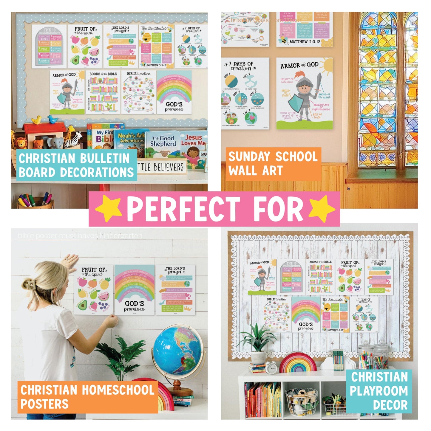 Hadley Designs Sunday School Decorations for Classroom –9 Bible Posters for Kids, Books of the Bible, 10 Commandments, Bible Timeline Chart, Fruits of the Spirit, Pastel Christian Classroom Decor