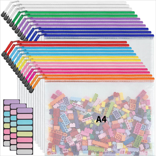 JARLINK A4 Letter Size 24 Pack 10 Colors Zipper Mesh Document Pouch, Mesh Bags for Board Games & Puzzles, Waterproof Document Zipper Pouches for Office School Supplies, Toys, Cosmetics Travel Storage